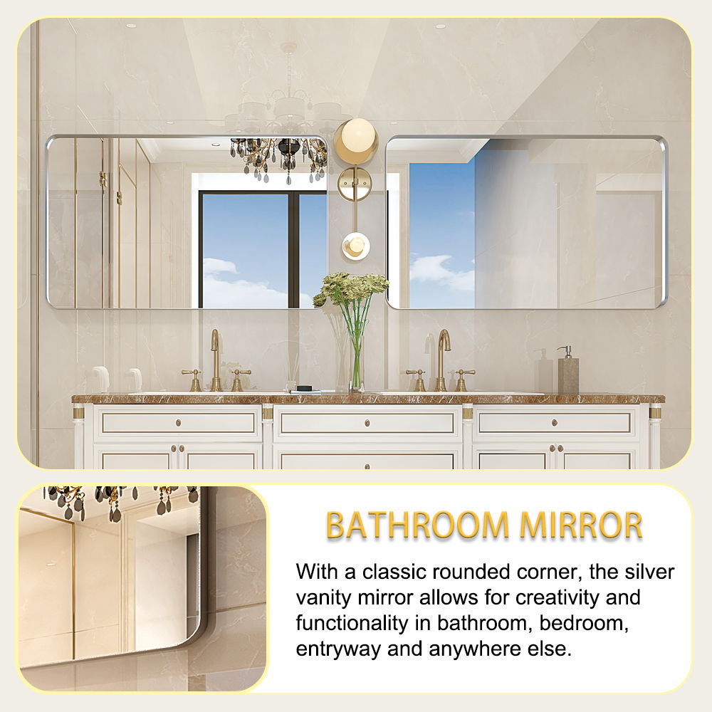 Rounded Corner Rectangle Bathroom Mirror For Wall Metal Frame Wall Mounted Bathroom Mirror Vanity Bathroom Mirror (Horizontal & Vertical)