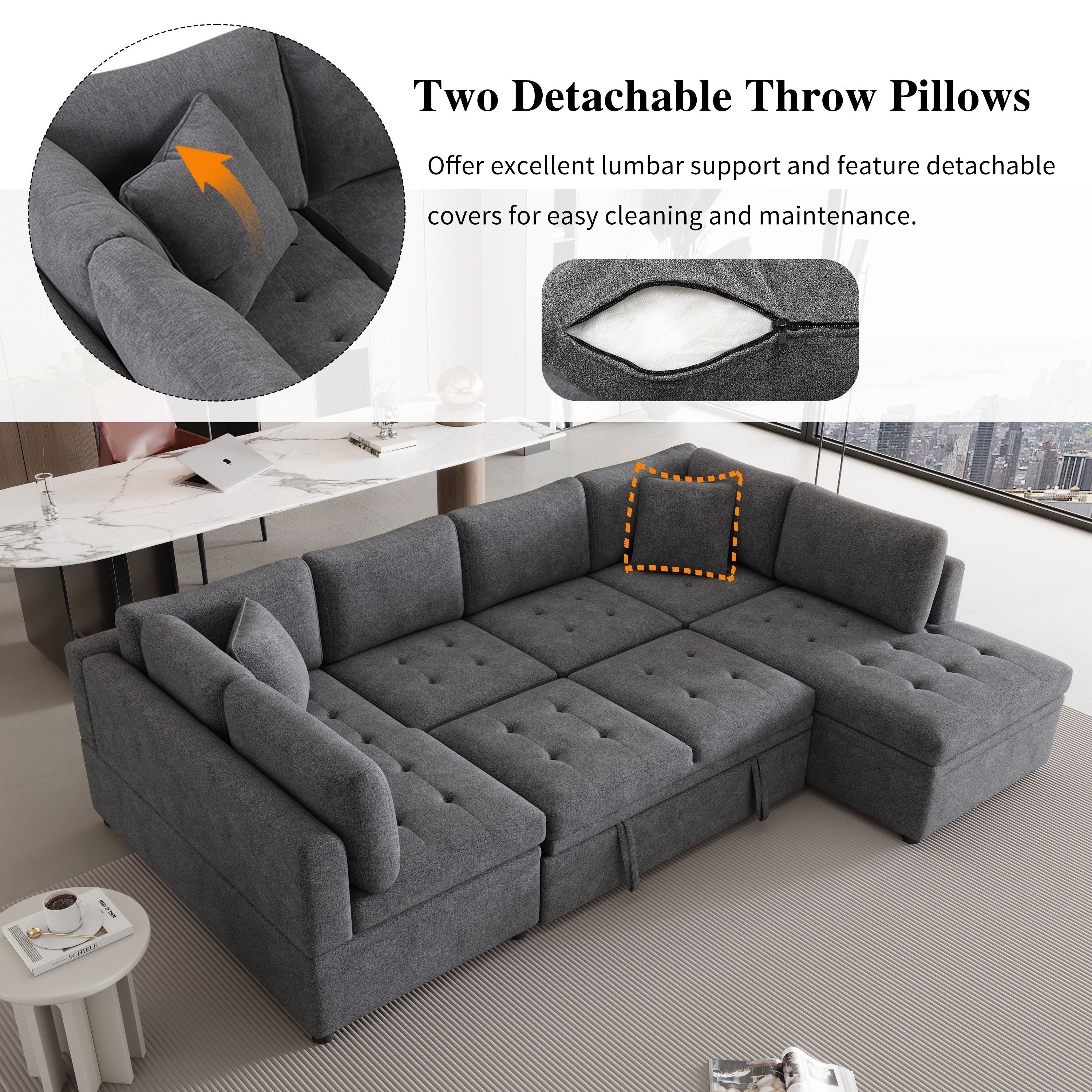 Oversized Sectional Sofa U-Shaped Sofa Couch Pull-Out Sofa Bed With Two Throw Pillows For Living Room