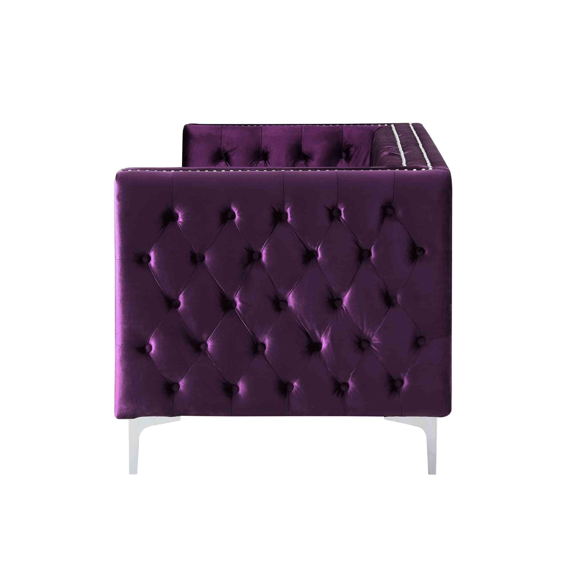 Velvet Sofa With Silver Legs - Purple