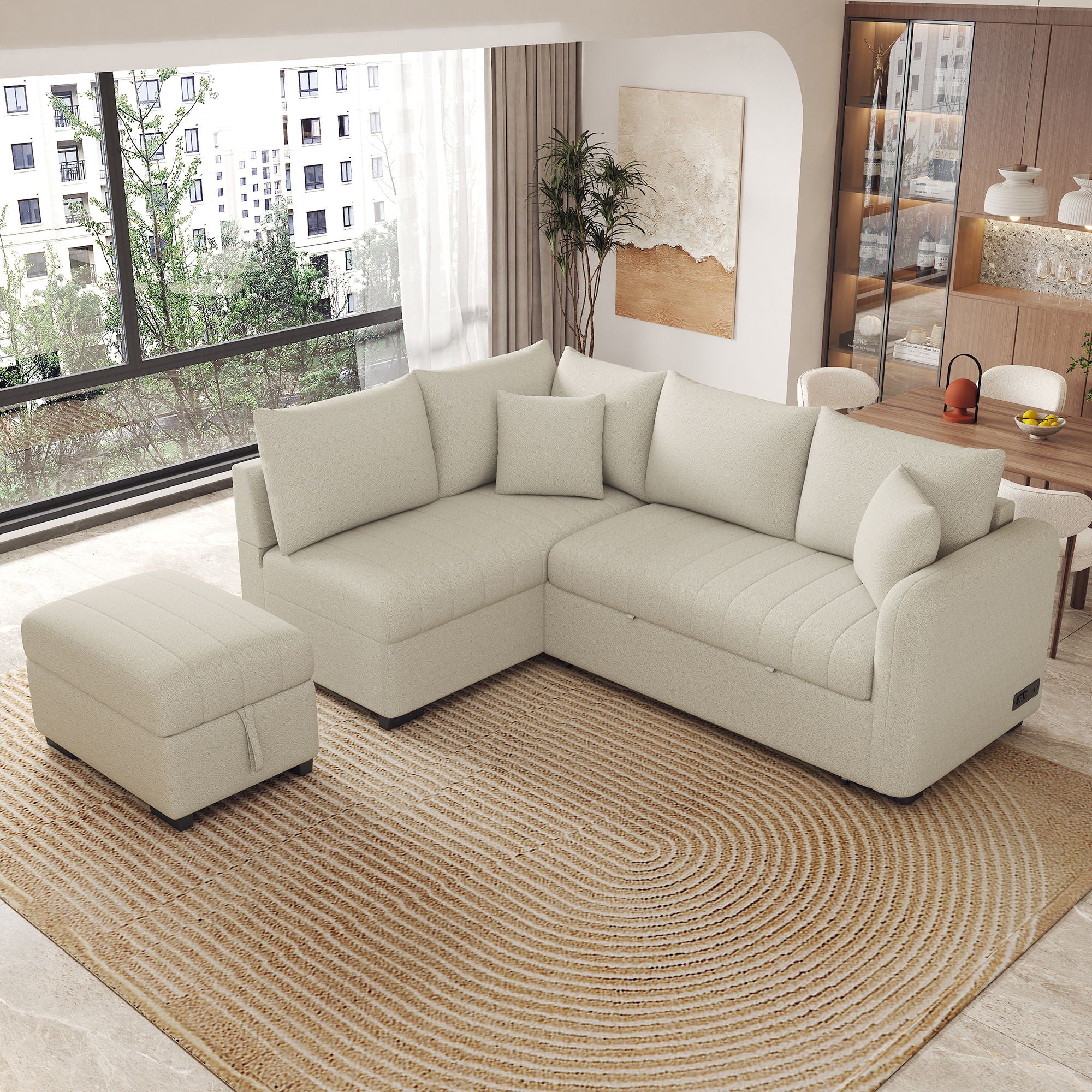 L-Shaped Sectional Pull Out Sofa Bed Sleeper Sofa With Two USB Ports, Two Power Sockets And A Movable Storage Ottoman