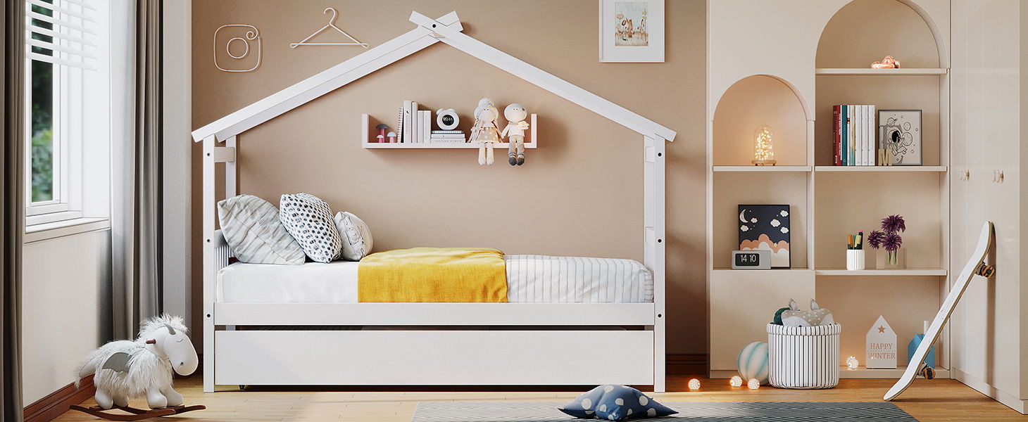 Wooden House Bed With Twin Size Trundle