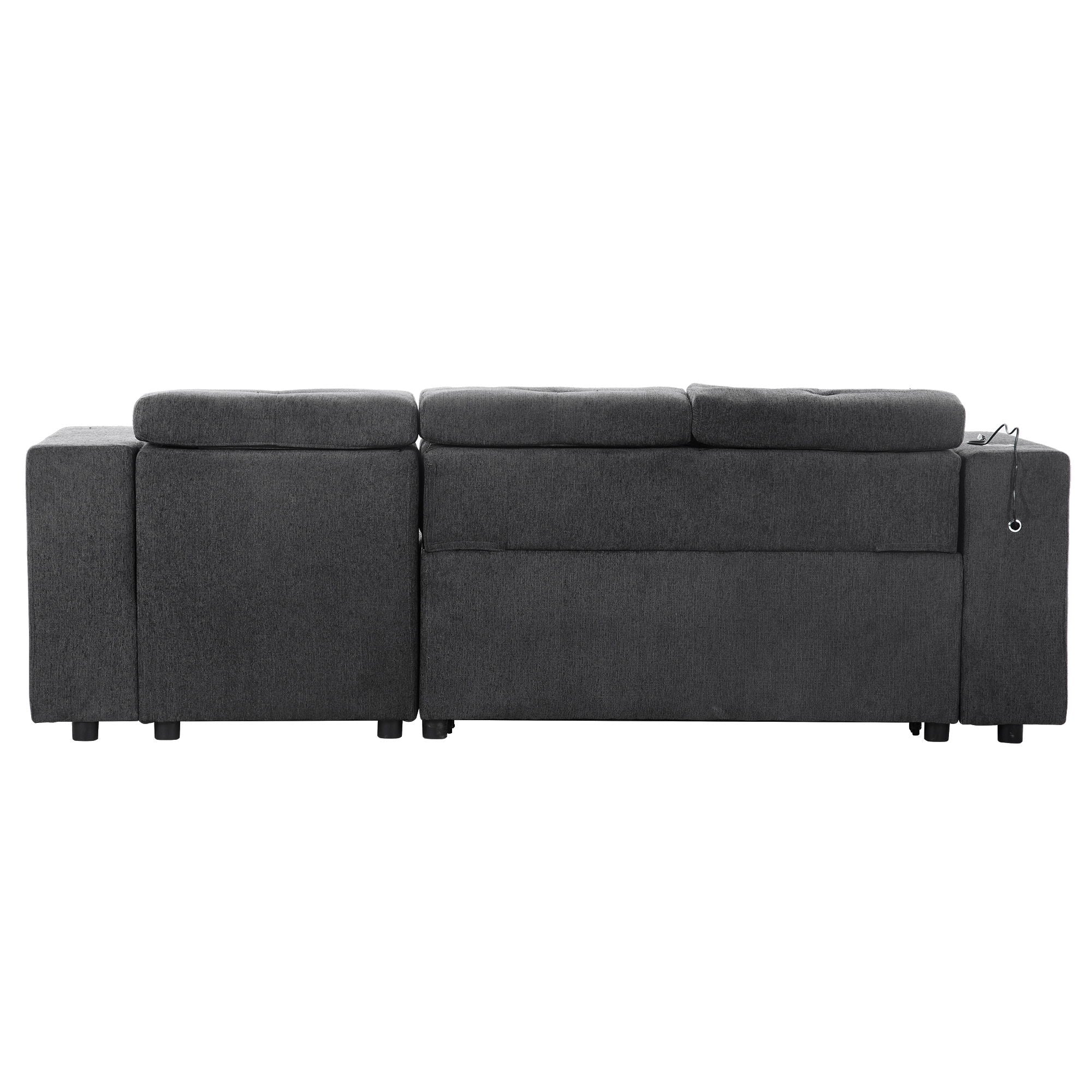 Multi-Functional Pull-Out Sofa Bed L-Shape Sectional Sofa With Adjustable Headrest, Wireless Charging, Cup Holders And Hidden Storage For Living Room