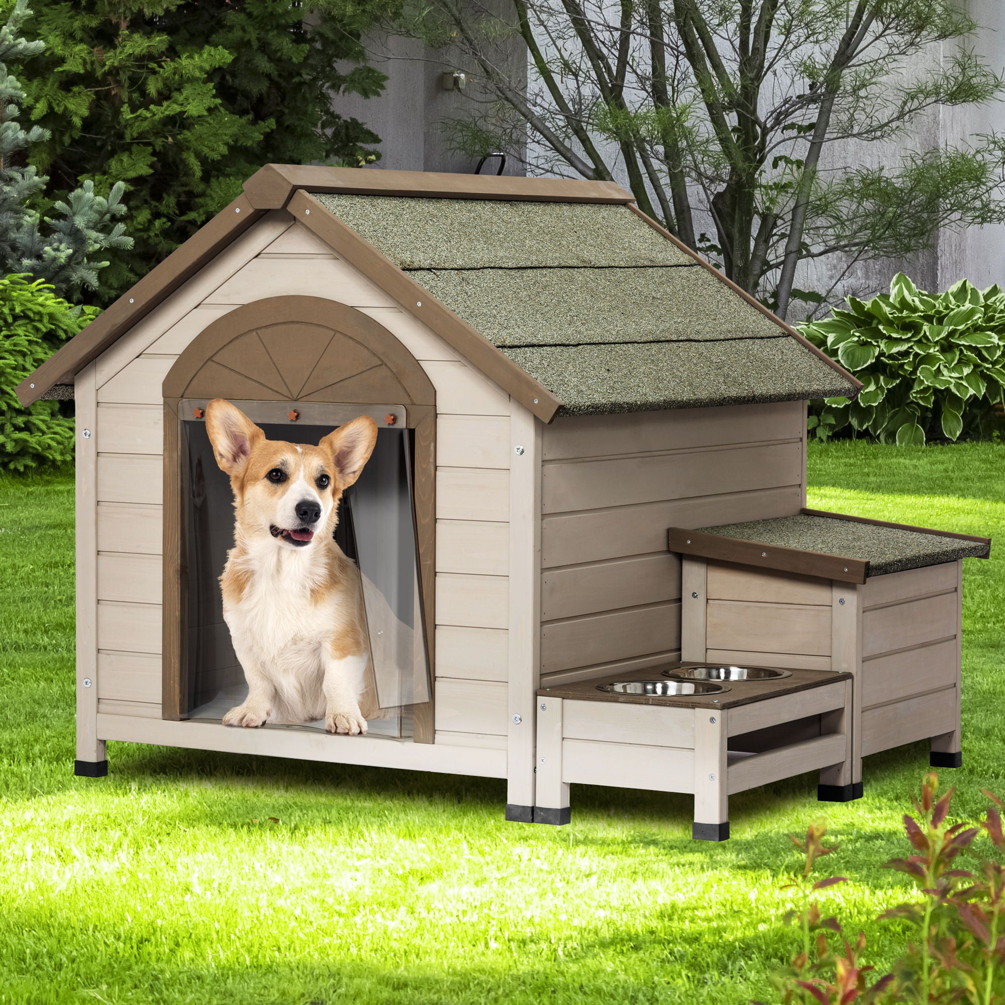 Outdoor Fir Wood Dog House With An Open Roof Ideal For Small To Medium Dogs, With Storage Box, Elevated Feeding Station With 2 Bowls. Weatherproof Asphalt Roof And Treated Wood - Cream