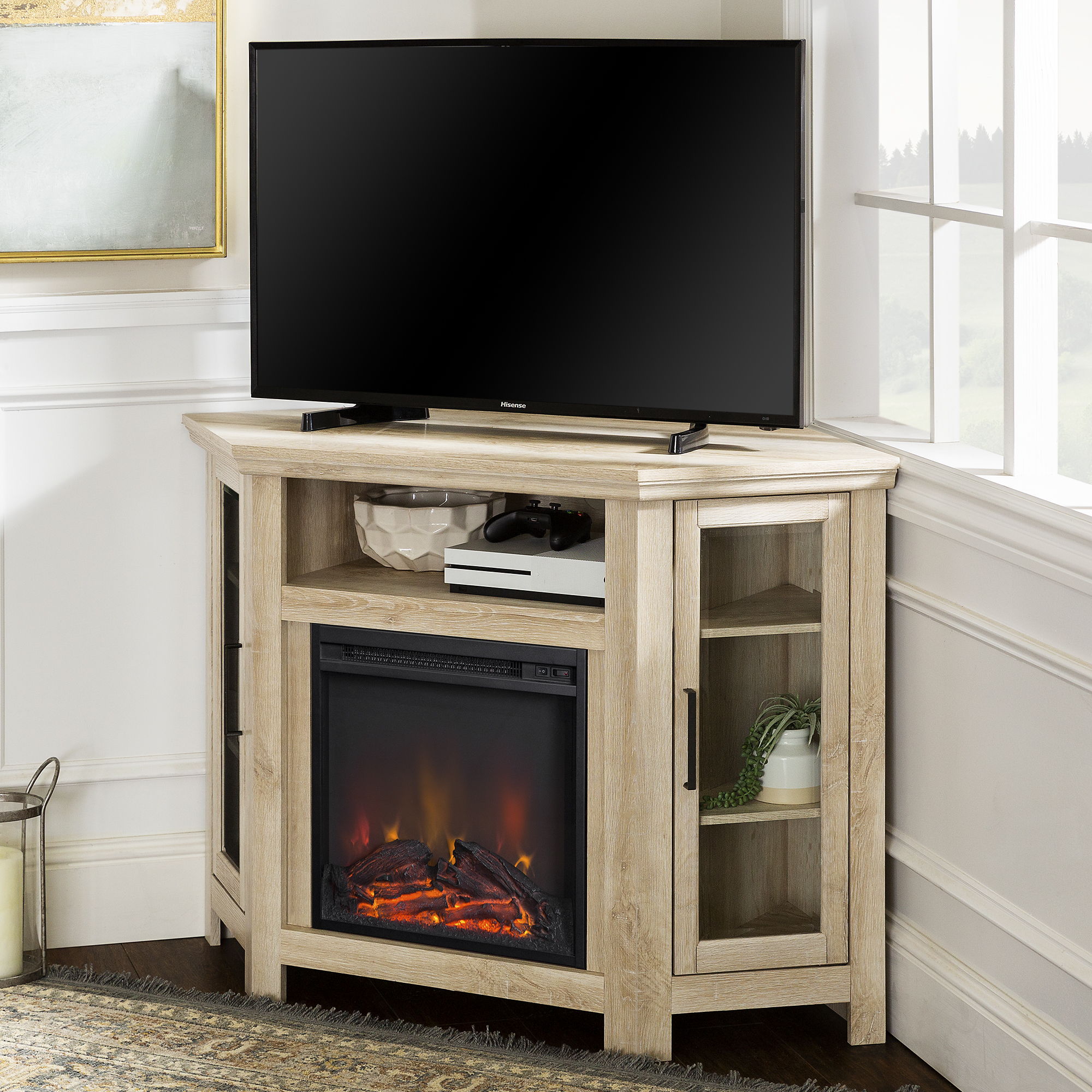 Classic Glass Door Fireplace TV Stand For TVs Up To 55" - White Oak