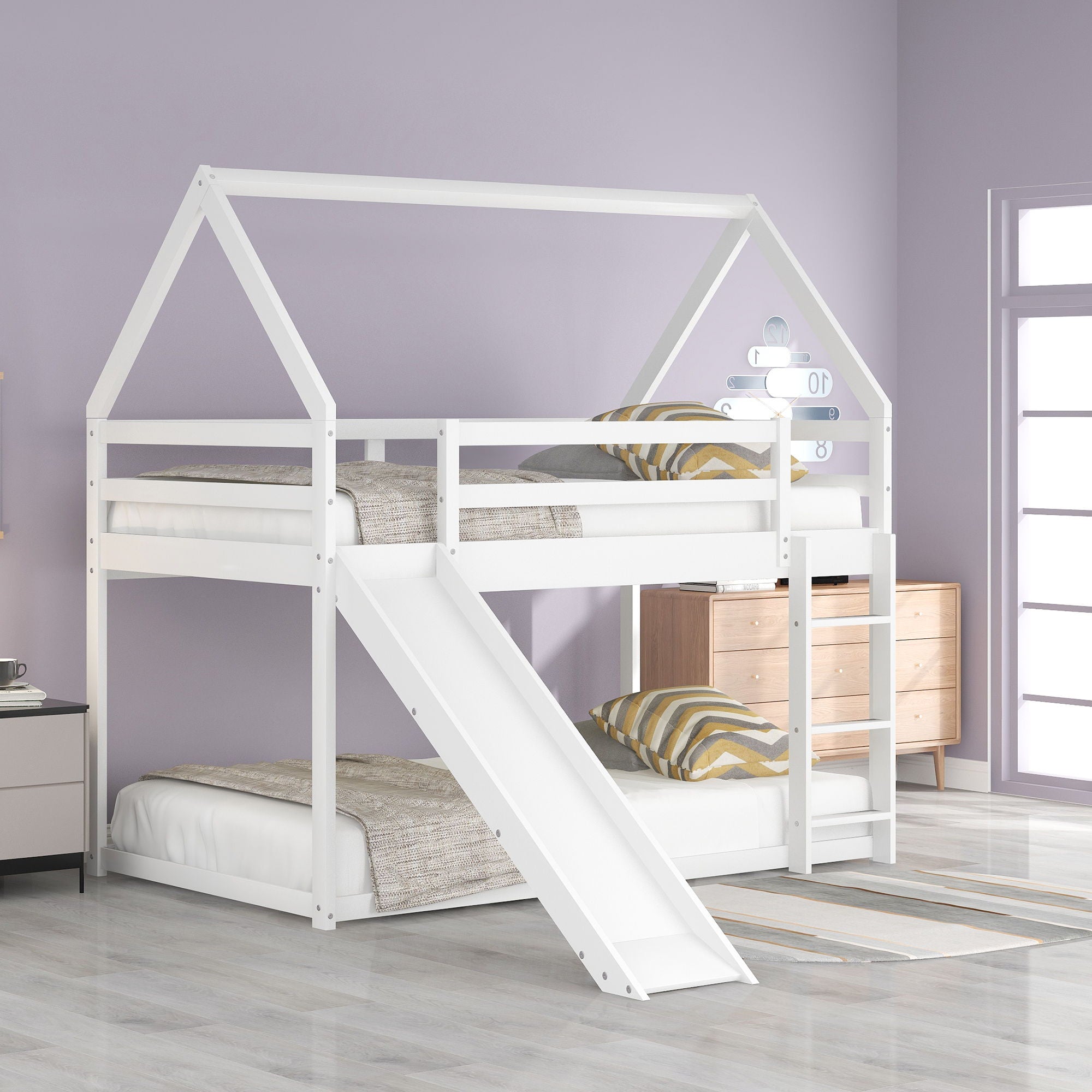 Twin Size Bunk House Bed With Slide And Ladder - White