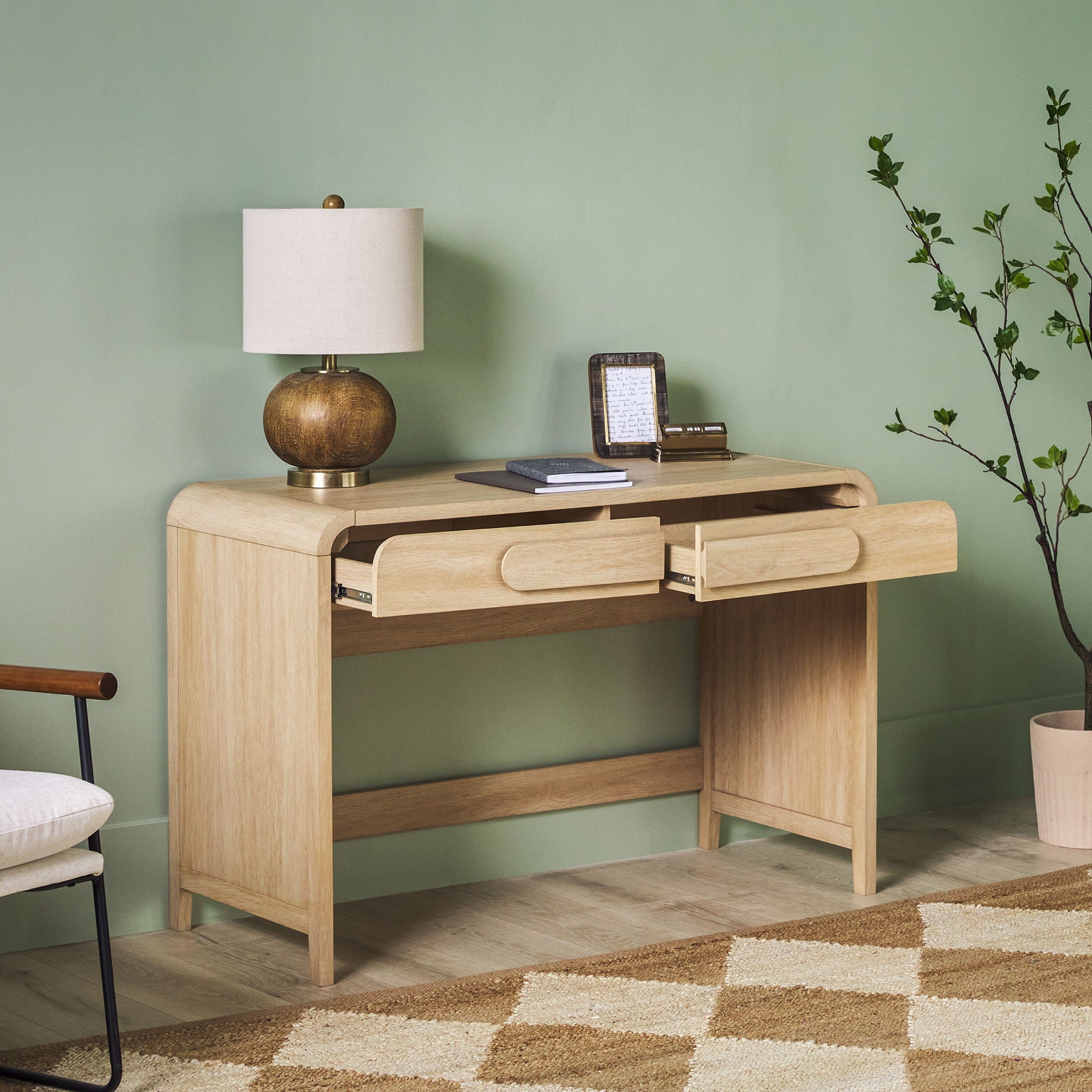 Modern Curved Waterfall Desk With Drawers - Oak