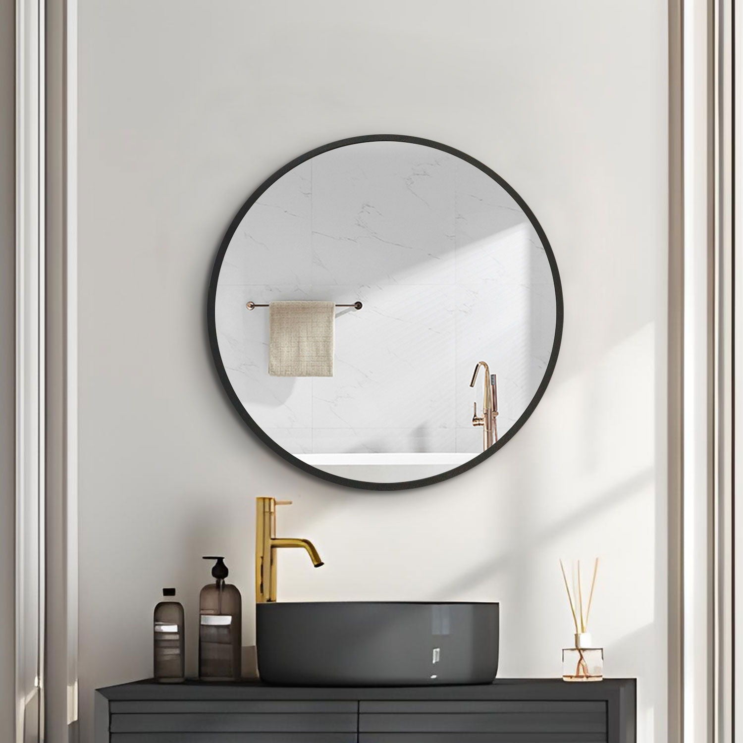 24X24" Black Metal Framed Wall Mount Bathroom Medicine Cabinet With Mirror - Black / Silver