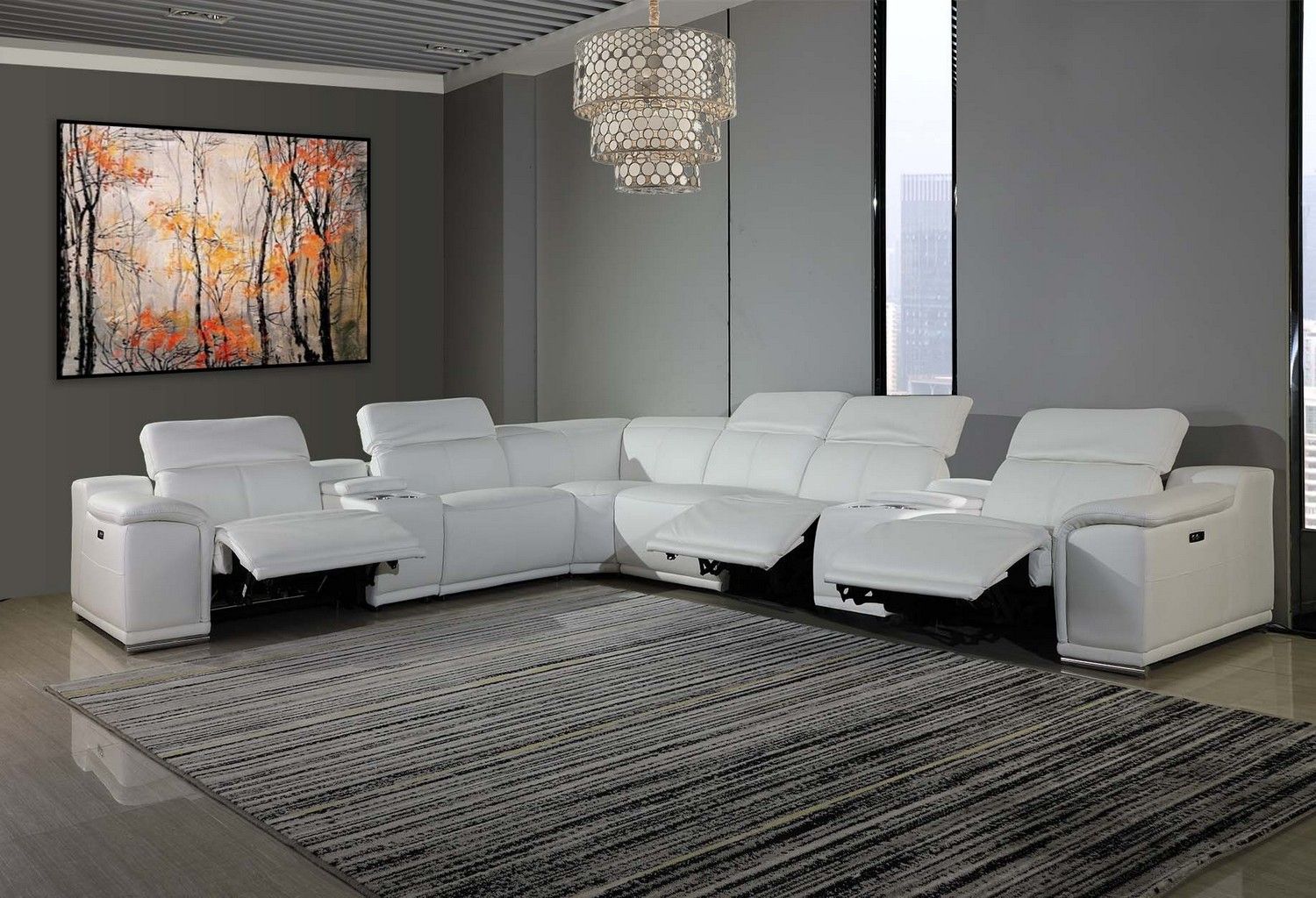 Italian Leather Power Reclining U Shaped Eight Piece Corner Sectional With Console - White