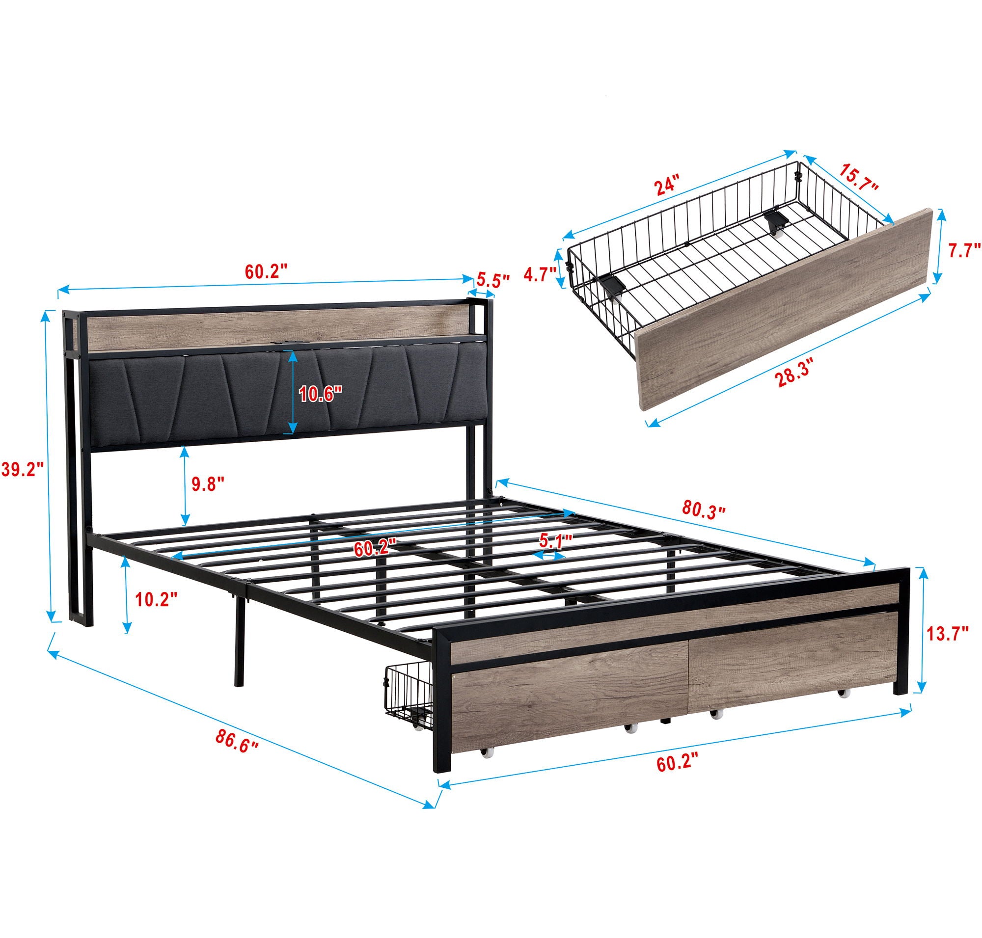 Metal Platform Bed Frame With Upholsteryolstery Storage Function Headboard And USB Liner And Footboard With Drawers, No Box Spring Needed, Large Under Bed Storage