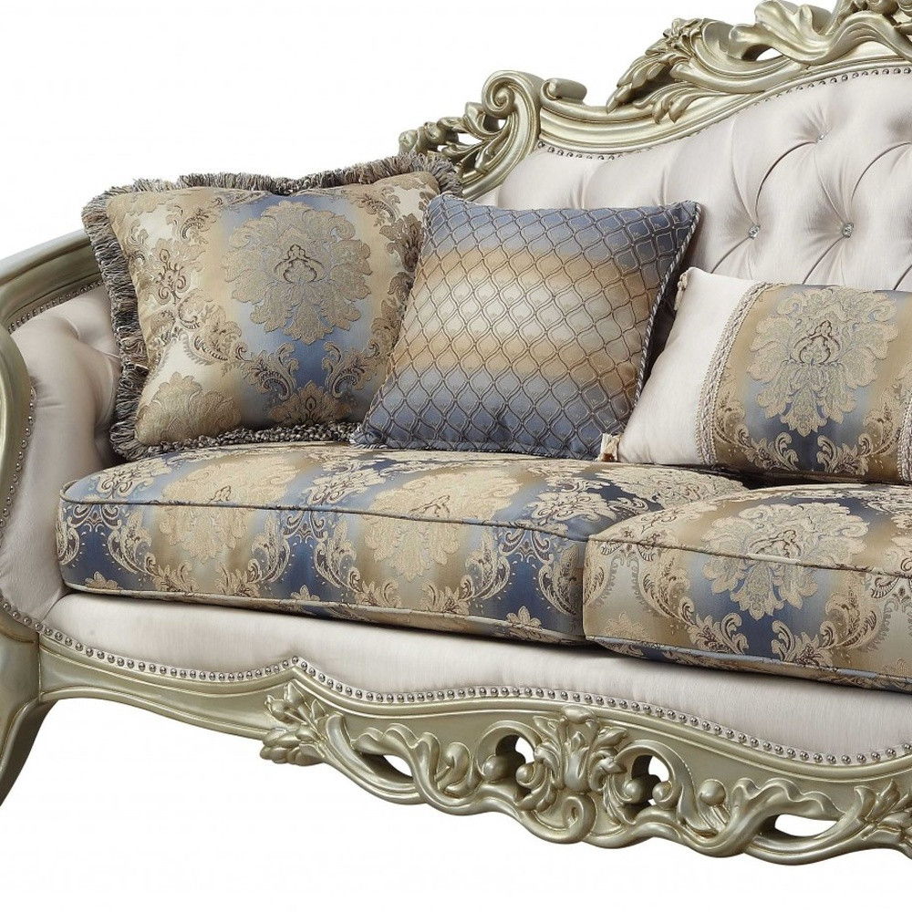 Velvet Curved Floral Sofa And Toss Pillows With Champagne Legs - Antiqued White