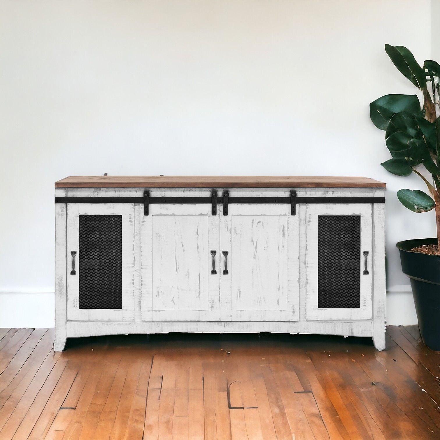 Solid Cabinet Enclosed Storage Distressed TV Stand - White