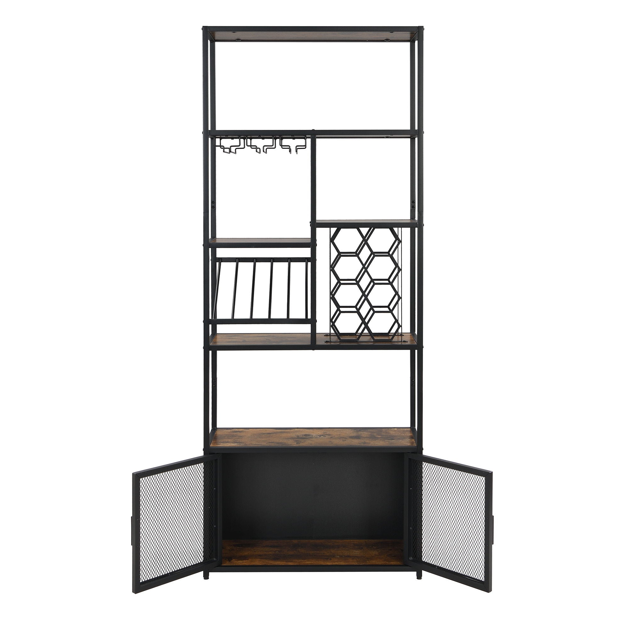 82.7" Industrial Standing Wine Rack With Glass Rack Tall Freestanding Floor Bar Cabinet - Walnut / Black