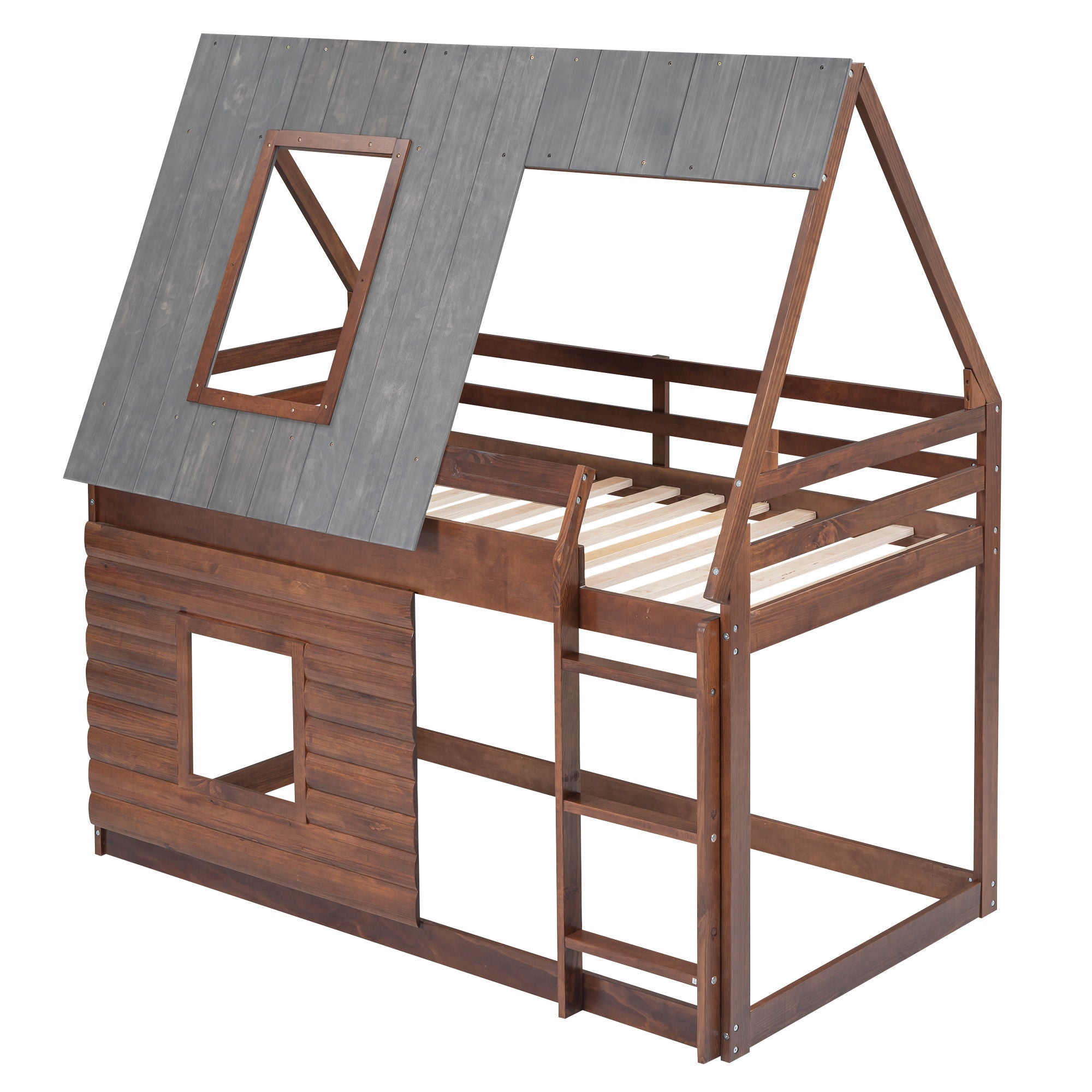 Wood Twin Size House Bunk Bed With Roof, Ladder And 2 Windows - Oak & Smoky Gray