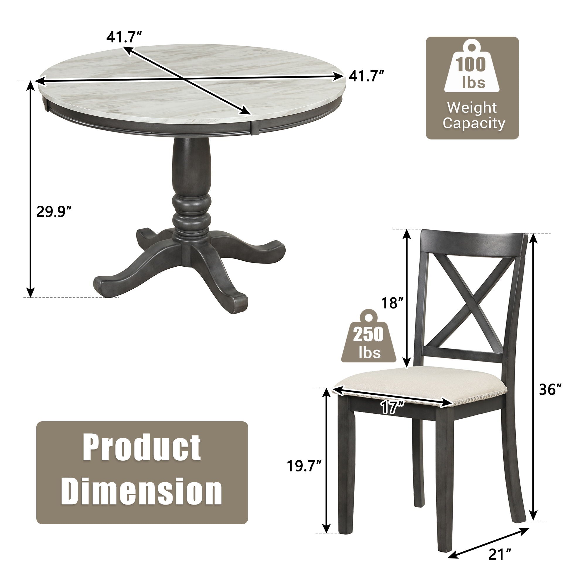 5 Pieces Dining Table And Chairs Set For 4 Persons, Kitchen Room Solid Wood Table With 4 Chairs