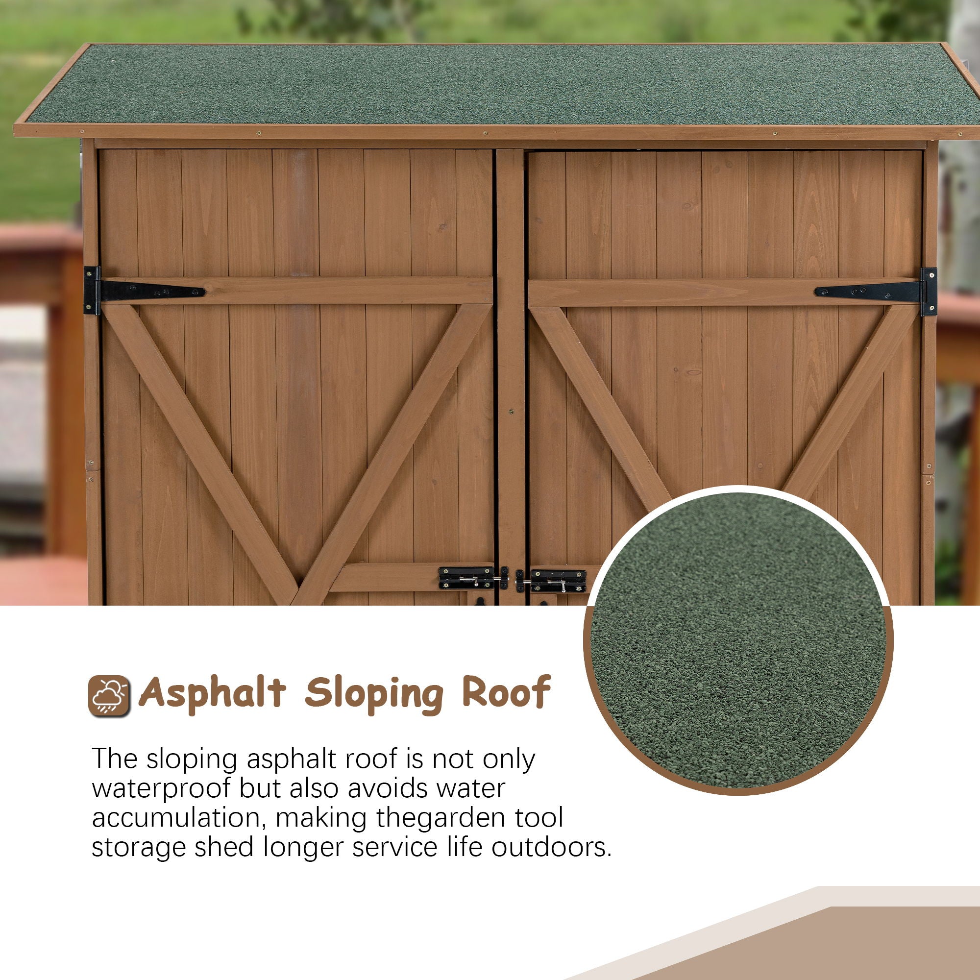 Outdoor Storage Shed With Lockable Door, Wooden Tool Storage Shed With Detachable Shelves & Pitch Roof