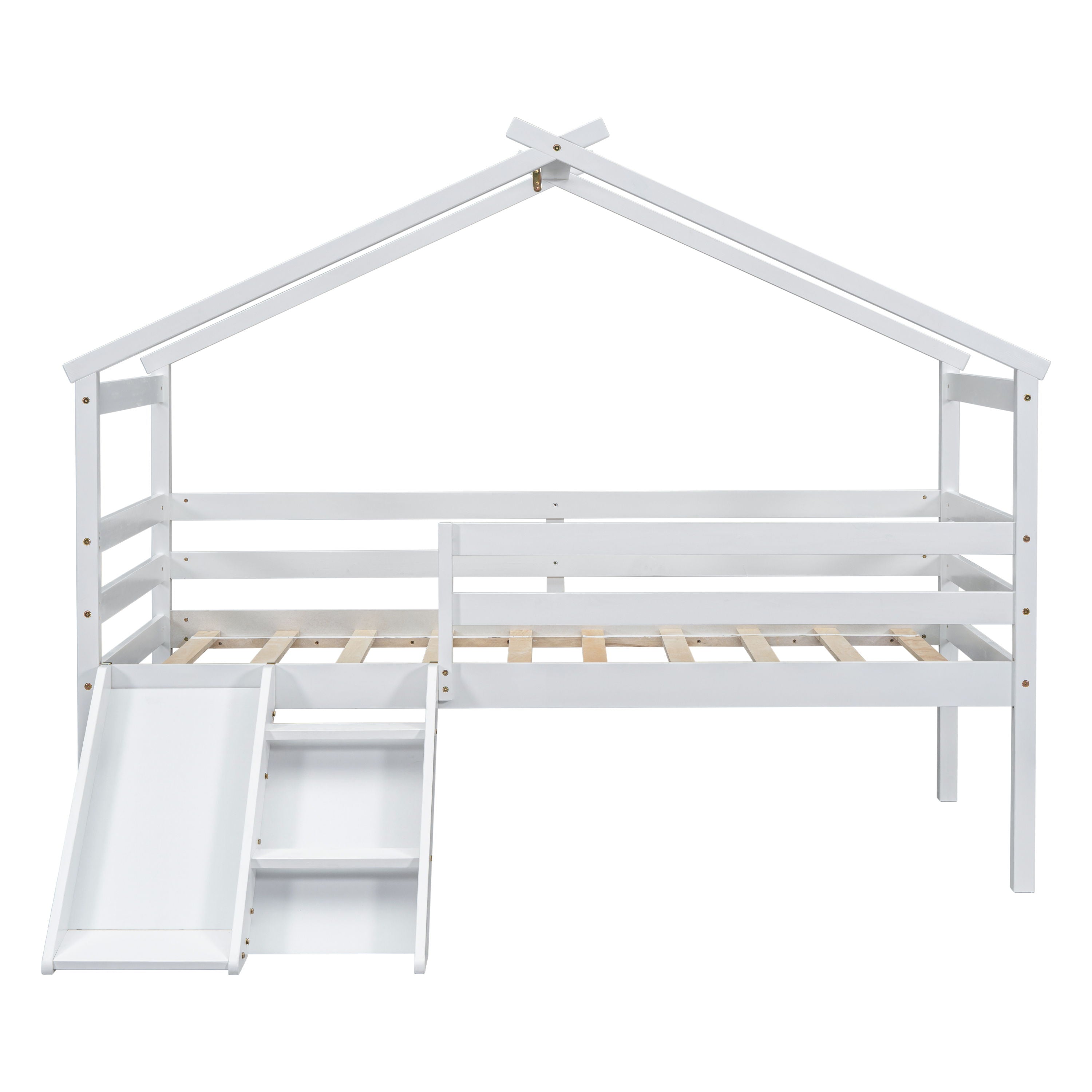 Low Loft House Bed With Slide, Ladder, Safety Guardrails, House Roof Frame