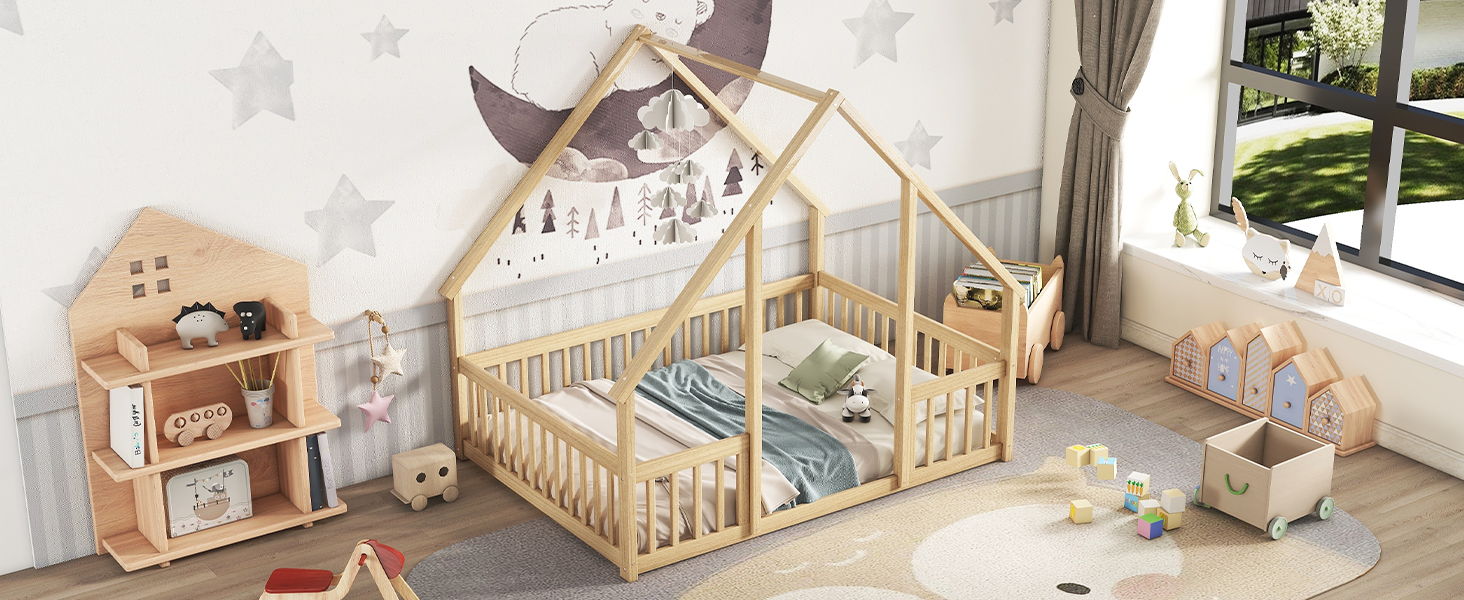 Wood House-Shaped Floor Bed With Fence, Guardrails