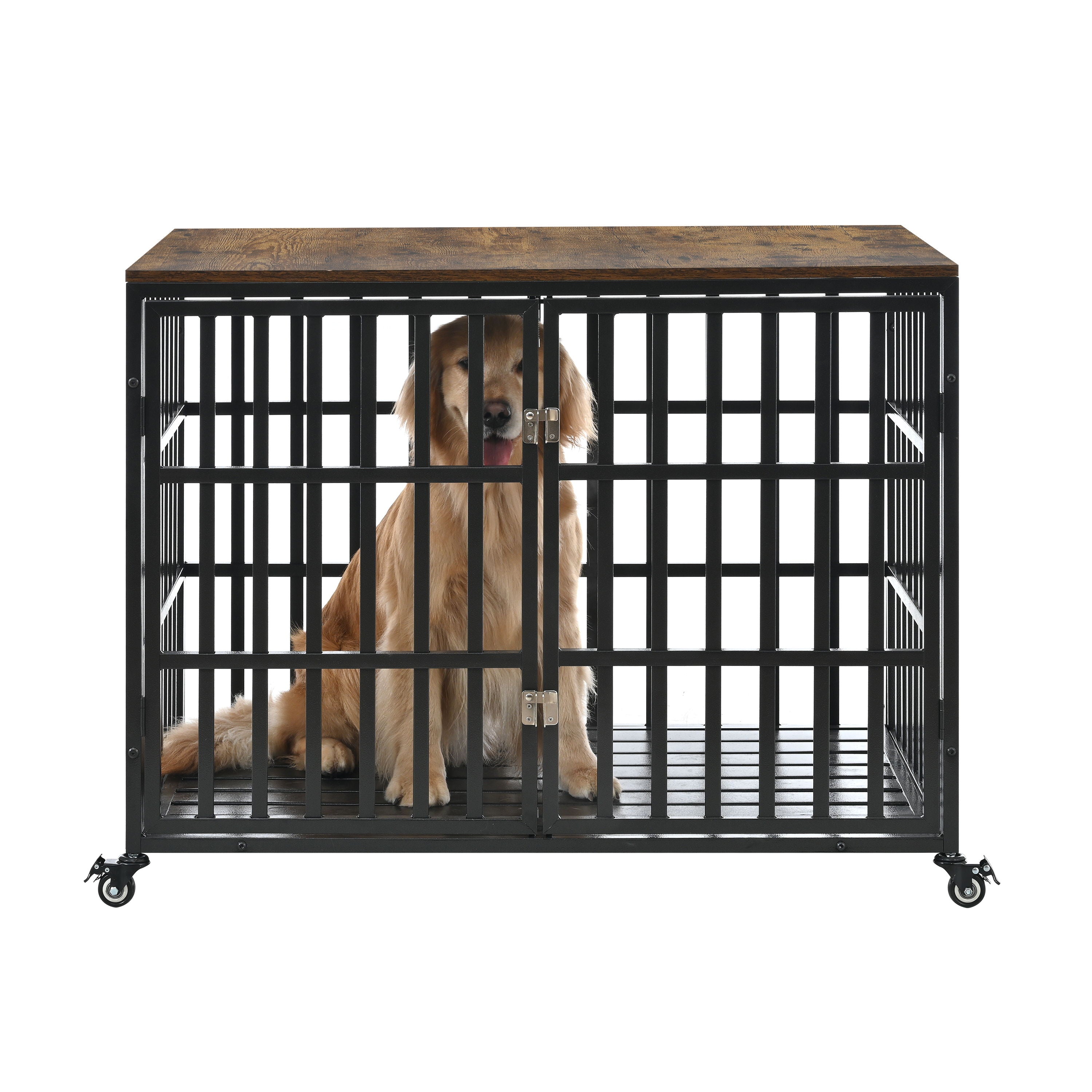 Heavy Duty Dog Crate For Large Medium Dogs, Furniture Style Cage With 4 Lockable Wheels And 2 Locks, Decorative Pet House Wooden Cage Kennel Furniture Indoor - Black