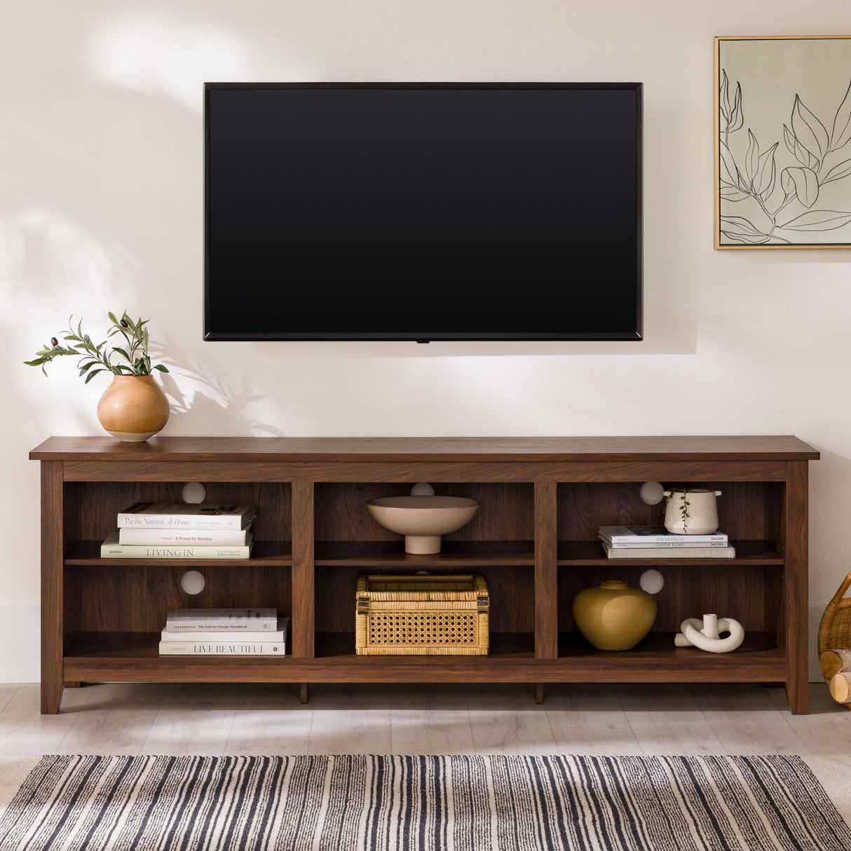 Modern 3 Shelf Open Storage 70" TV Stand For 80" TVs - Rustic Oak