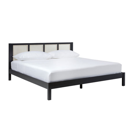 King Bed With Rattan Panel Headboard - Black by Walker Edison | Bel Furniture