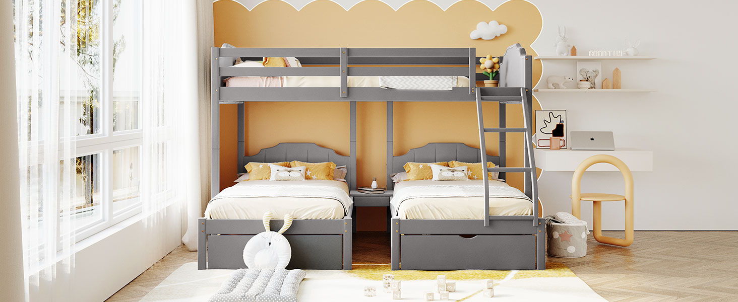 Full Over Twin & Twin Bunk Bed, Velvet Triple Bunk Bed With Drawers And Guardrails - Gray