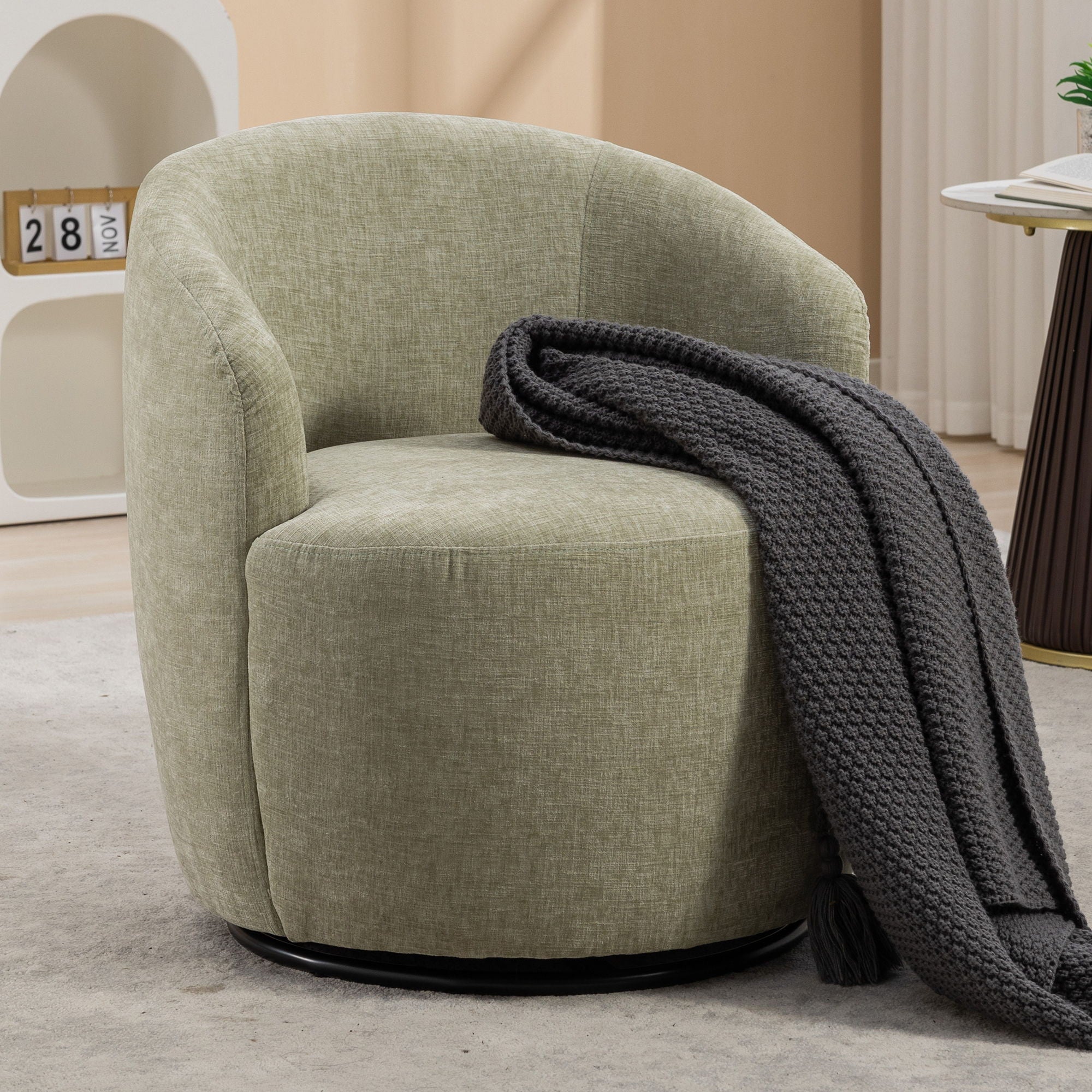 Chenille Fabric Swivel Accent Armchair Barrel Chair With Powder Coating Metal Ring