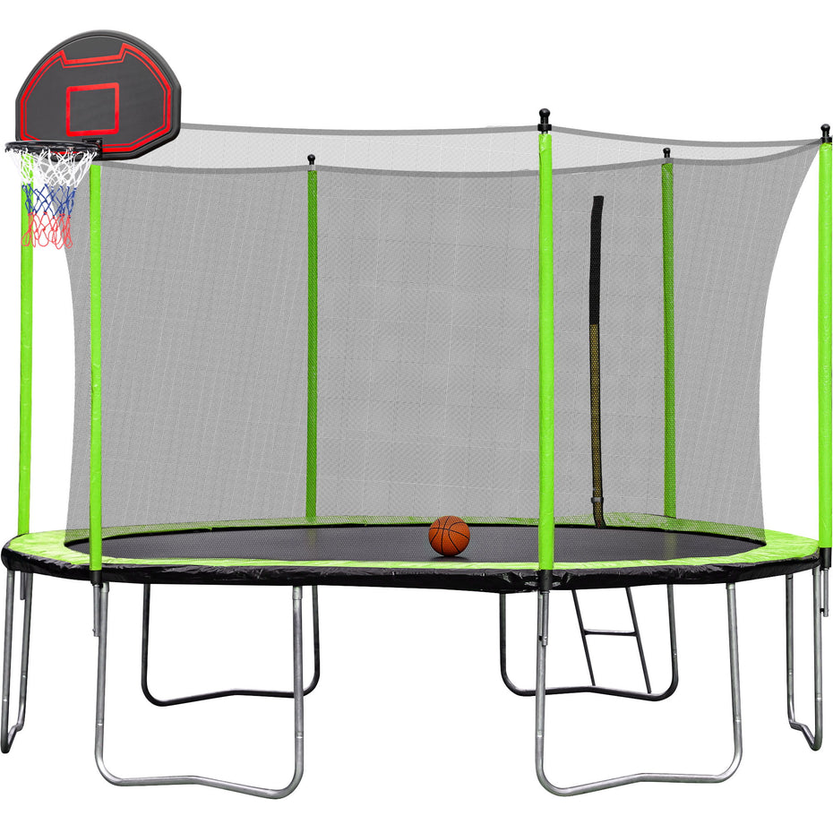 14Ft Trampoline With Basketball Hoop Inflator And Ladder (Inner Safety Enclosure) - Green