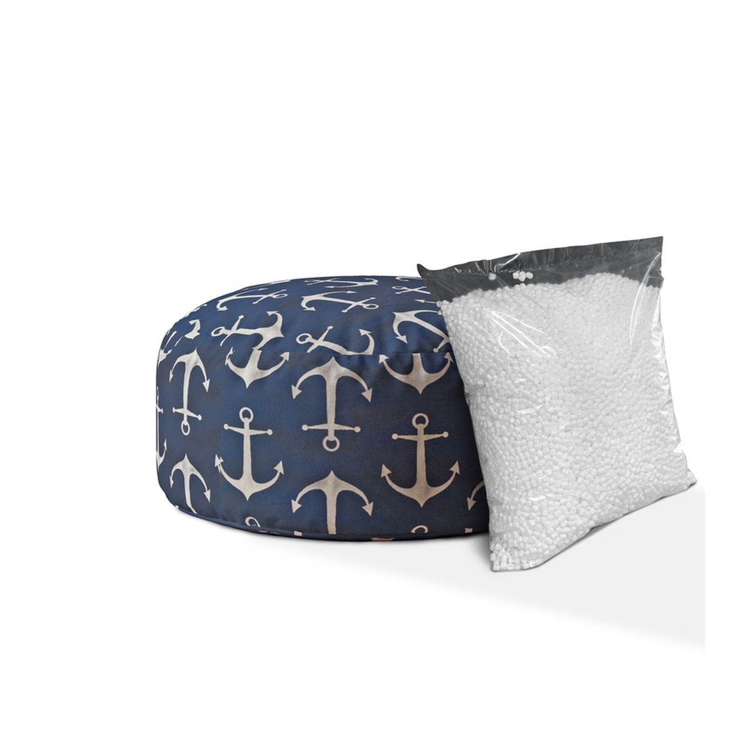 Twill Round Anchor Pouf Cover - Blue