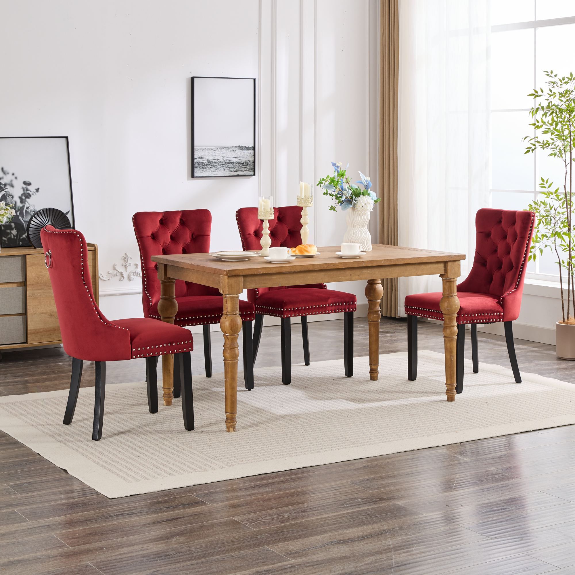 Classic Velvet Dining Chairs, High-End Tufted Solid Wood Contemporary Velvet Upholstered Dining Chair With Wood Legs Nailhead (Set of 2) - Burgundy