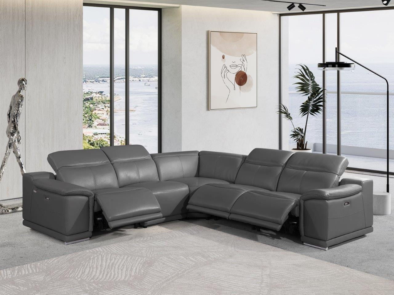 Italian Leather Power Reclining U Shaped Five Piece Corner Sectional With Console - Gray