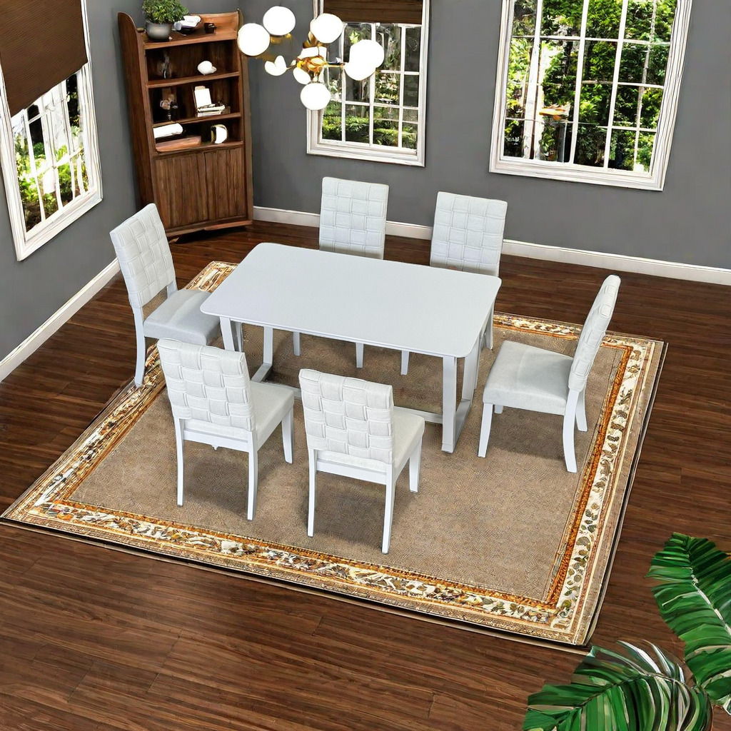 7 Pieces Dining Set Include 6 Chairs linen & Rubber Wood Legs And 1 Table - Light Beige