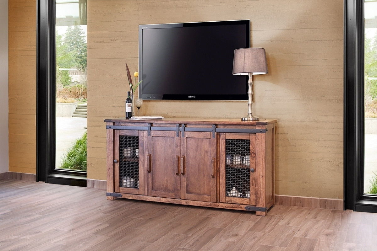 Solid Cabinet Enclosed Storage Distressed, TV Stand - Brown