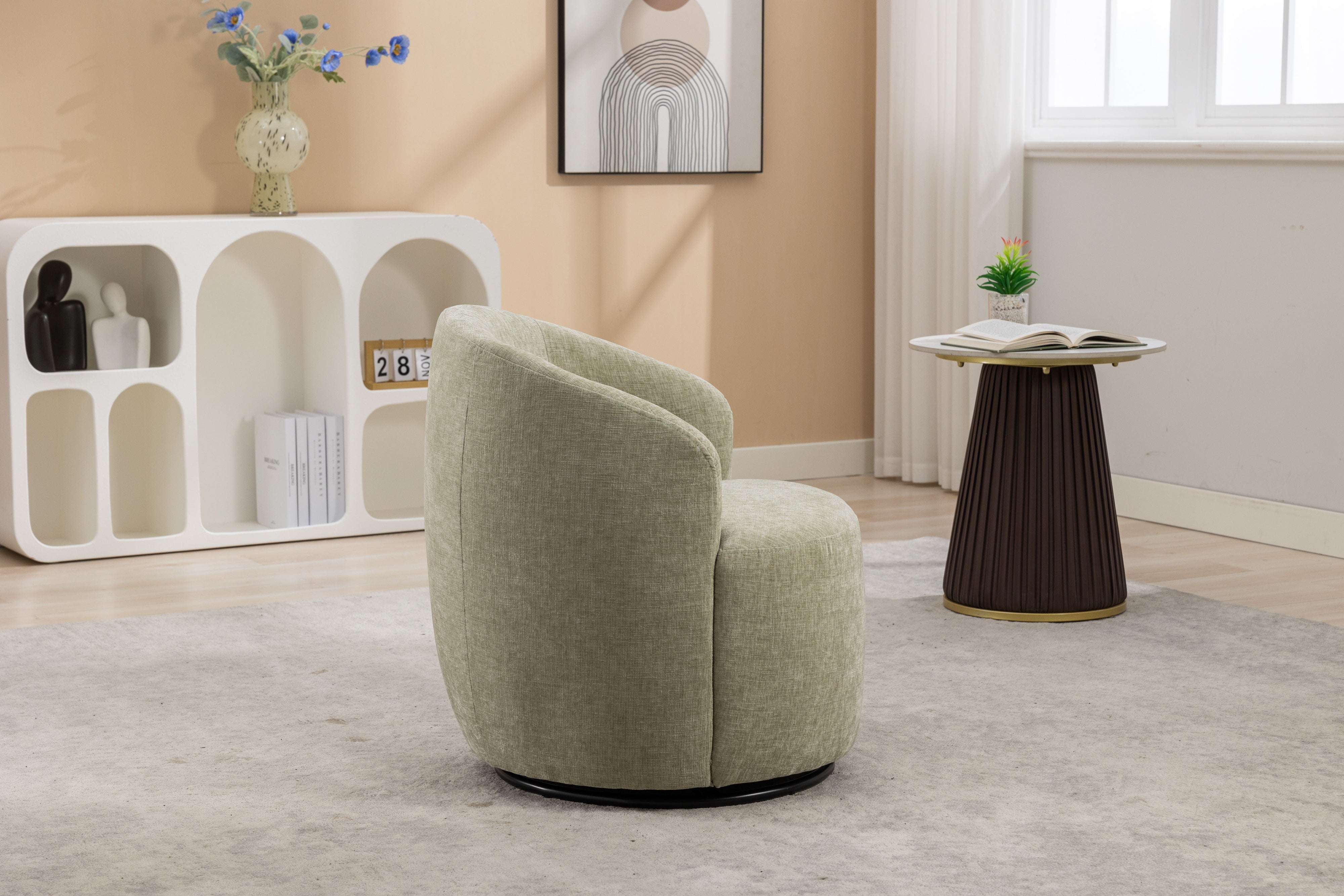 Chenille Fabric Swivel Accent Armchair Barrel Chair With Powder Coating Metal Ring