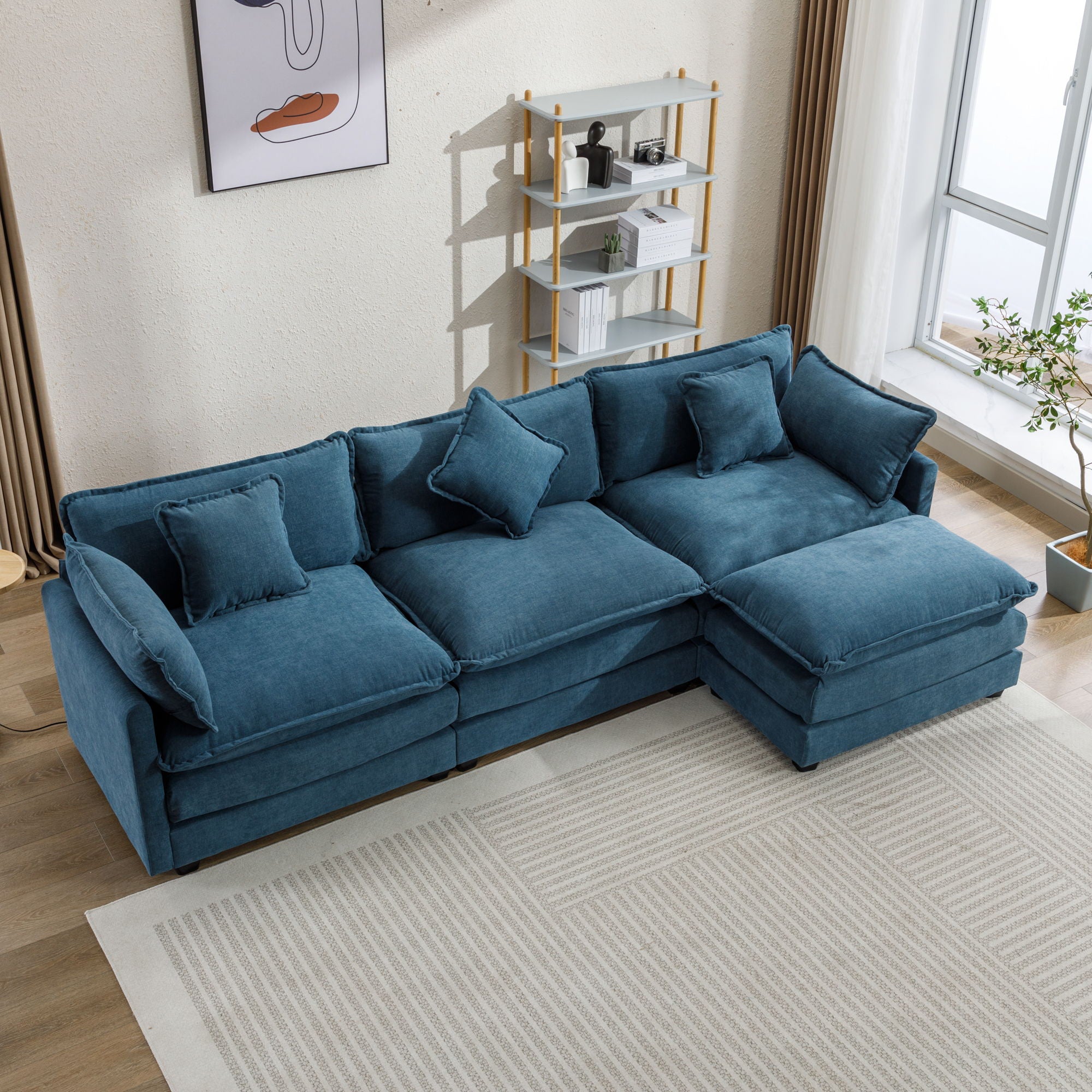 L-Shape Chenille Upholstered Sofa For Living Room Modern Luxury Sofa Couch With Ottoman And 5 Pillows For Living Room