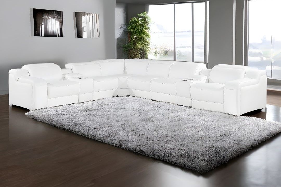 Italian Leather Power Reclining Eight Piece Corner Sectional With Console L Shaped - White