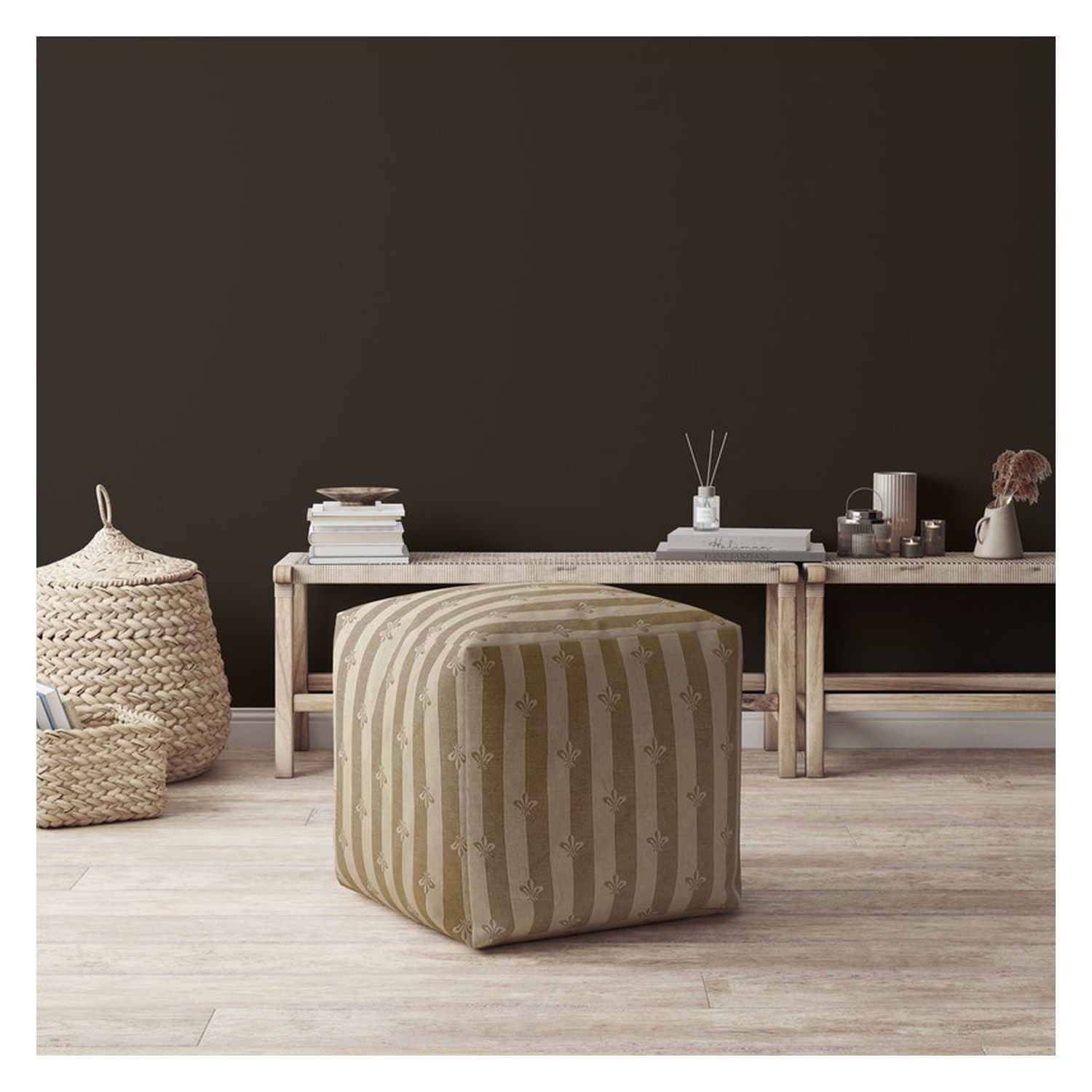 Cotton Floral Pouf Ottoman - Taupe