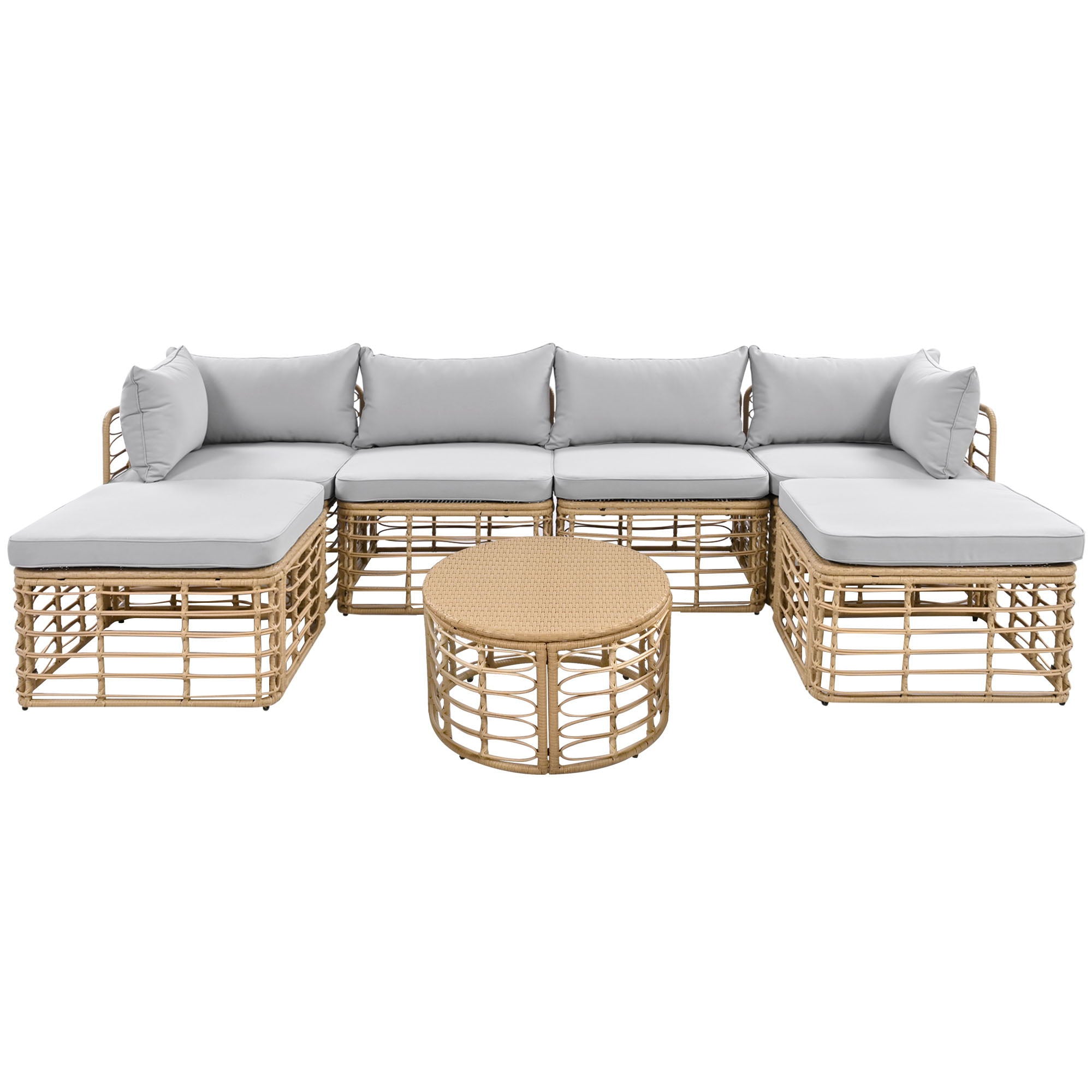 Outdoor Patio Furniture, All-Weather Rattan Sectional Sofa Set With Thick Cushions And Pillows, Freely Combined Conversation Sets For Garden, Backyard, Balcony