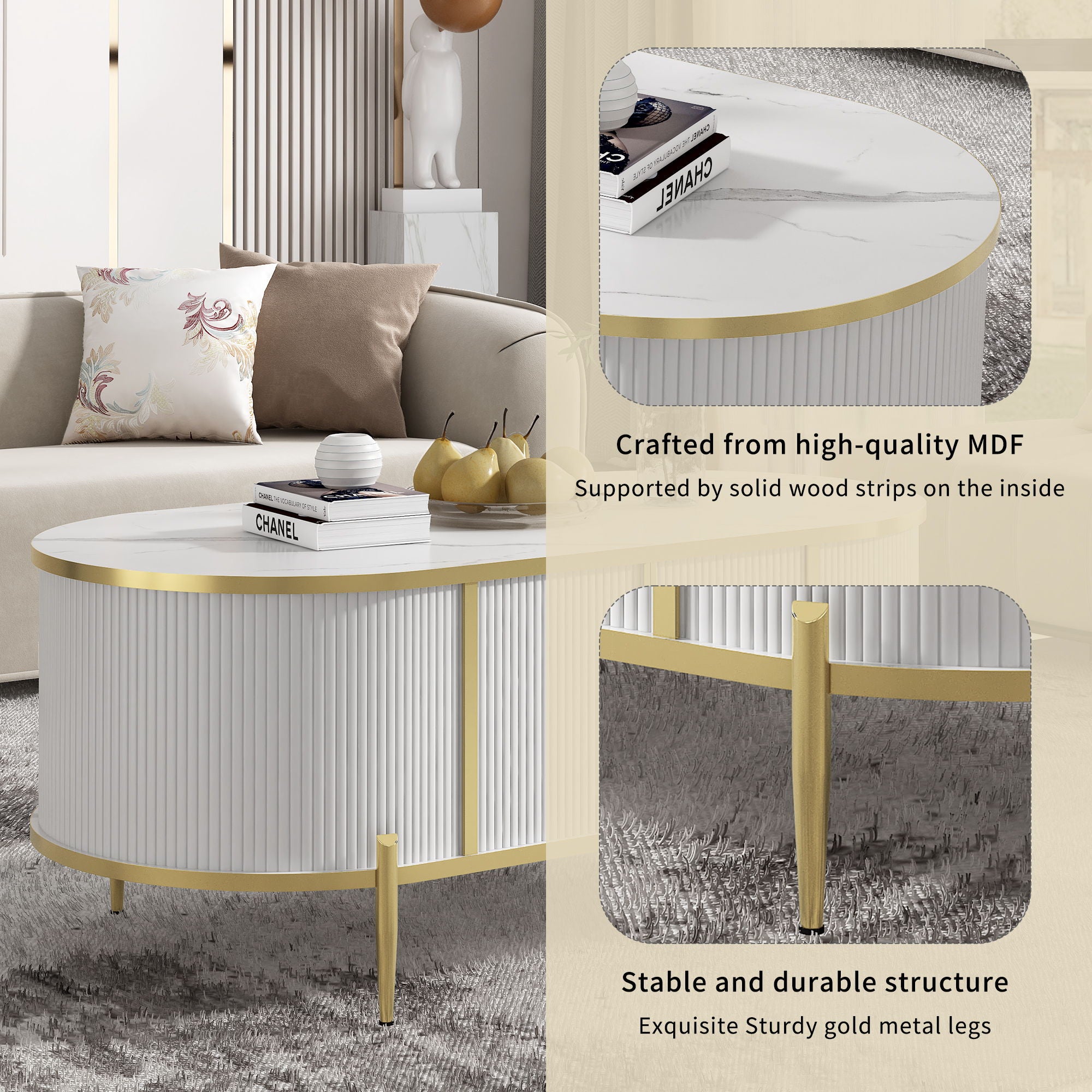 Modern Luxury Oval Shaped Fluted Coffee Table, Marble - Patterned Top Coffee Table With 2 Cabinets, Metal Legs And Handles For Living Room