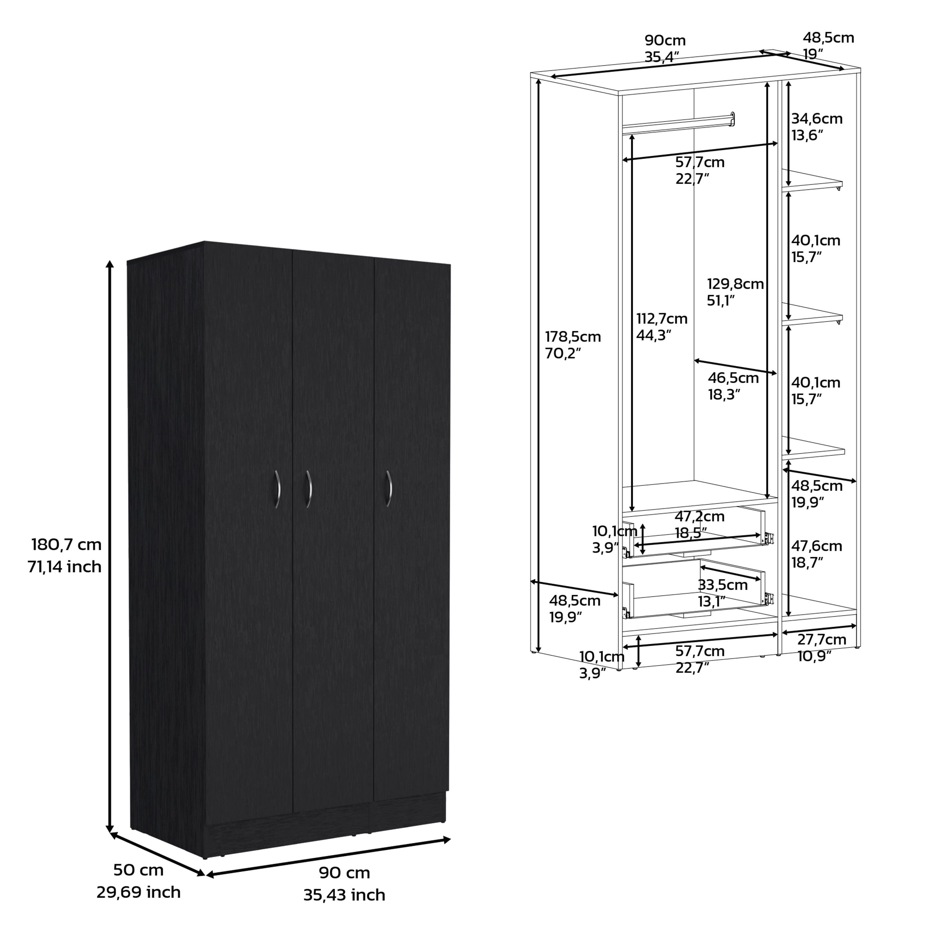 Wardrobe Armoire With 3 Doors And 2 Inner Drawers, 3 Doors - Black