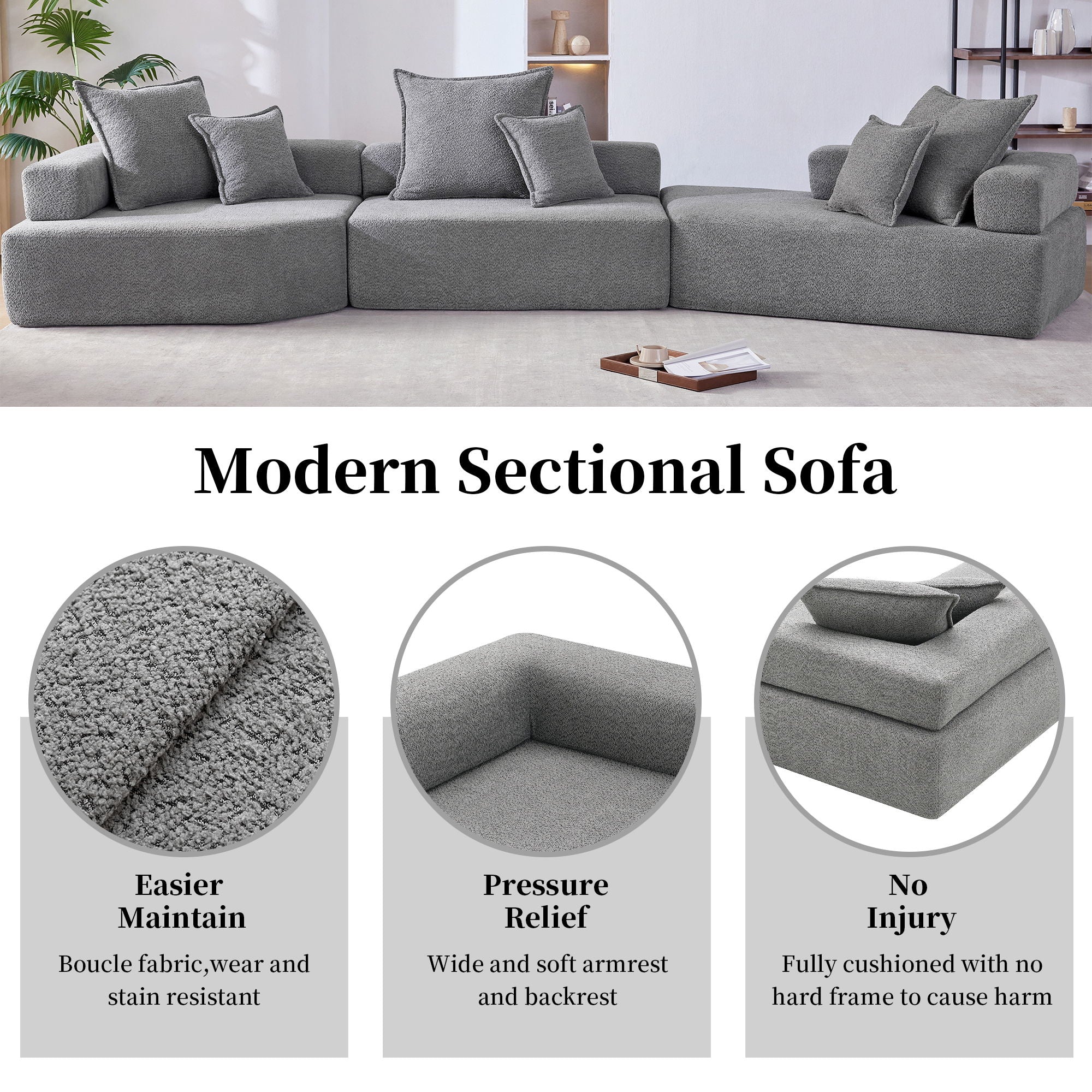 156" Oversized Modular Sectional Sofa, Luxury Boucle Floor Couch Set, Convertible Sleeper Couch, Spacious Foam-Filled Sofa Bed For Living Room, 3 Piece Free Combination - Gray