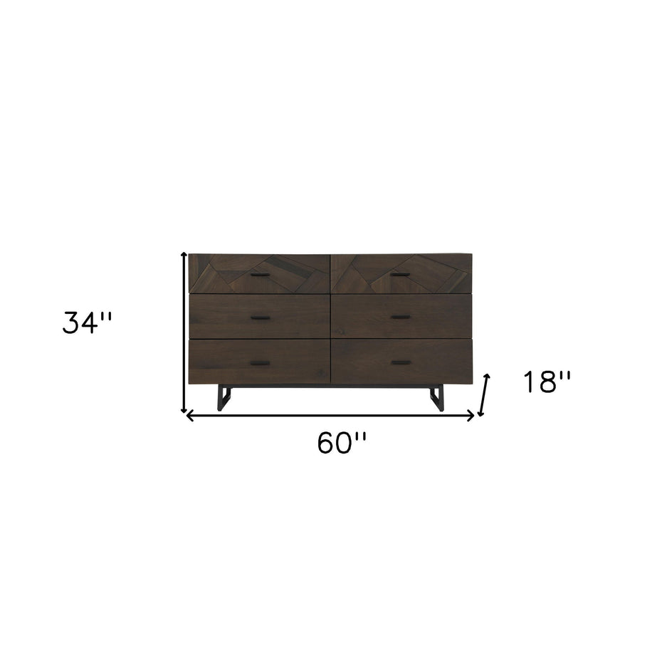 Carved Geometric Solid Wood Six Drawer Double Dresser - Dark Brown