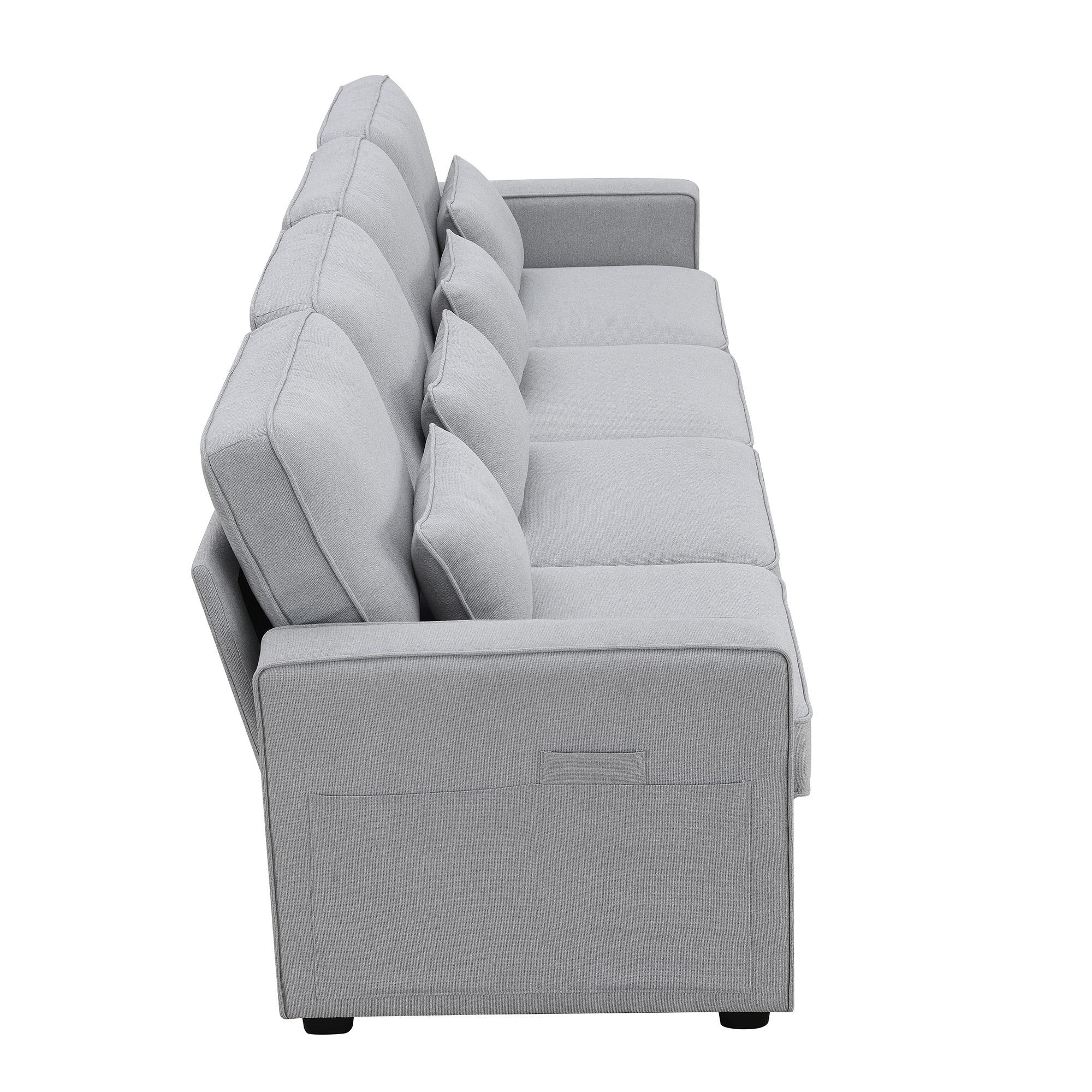 4 Seater Modern Linen Sofa With Armrest Pockets And 4 Pillows, Minimalist Style Couch For Living Room