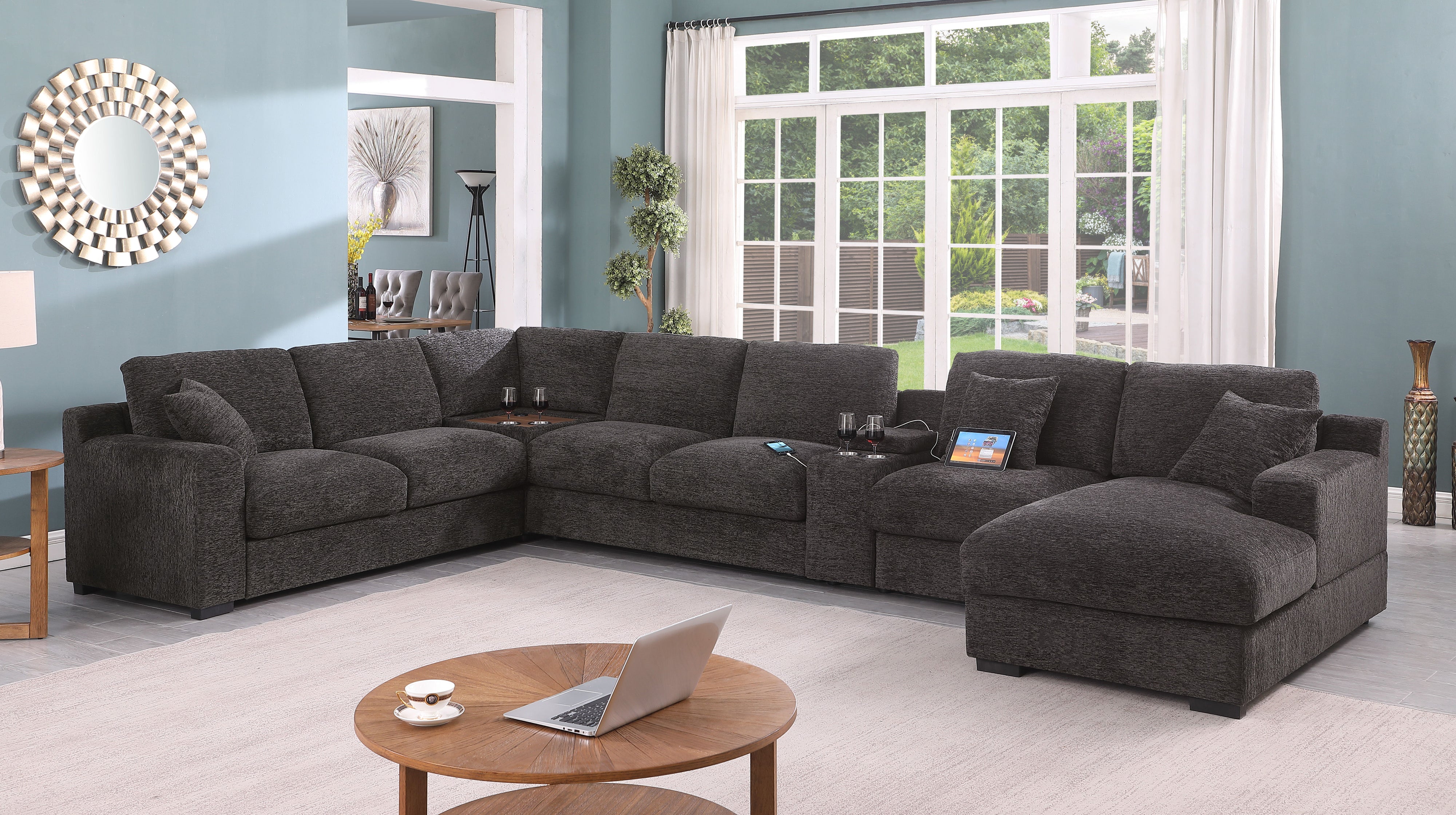 Celine - Chenille Fabric Corner Sectional Sofa With Right Facing Chaise, Cupholders, And Charging Ports - Gray