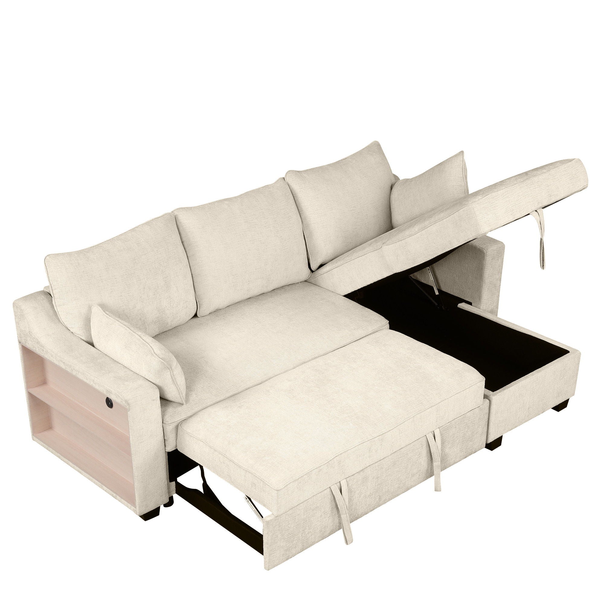 Pull Out Sleeper Sofa L-Shaped Couch Convertible Sofa Bed With Storage Chaise, Storage Racks And USB Ports