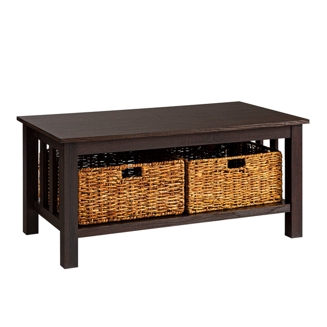 Coastal Coffee Table With Lower Shelf And Faux Rattan Baskets - Espresso by Walker Edison | Bel Furniture