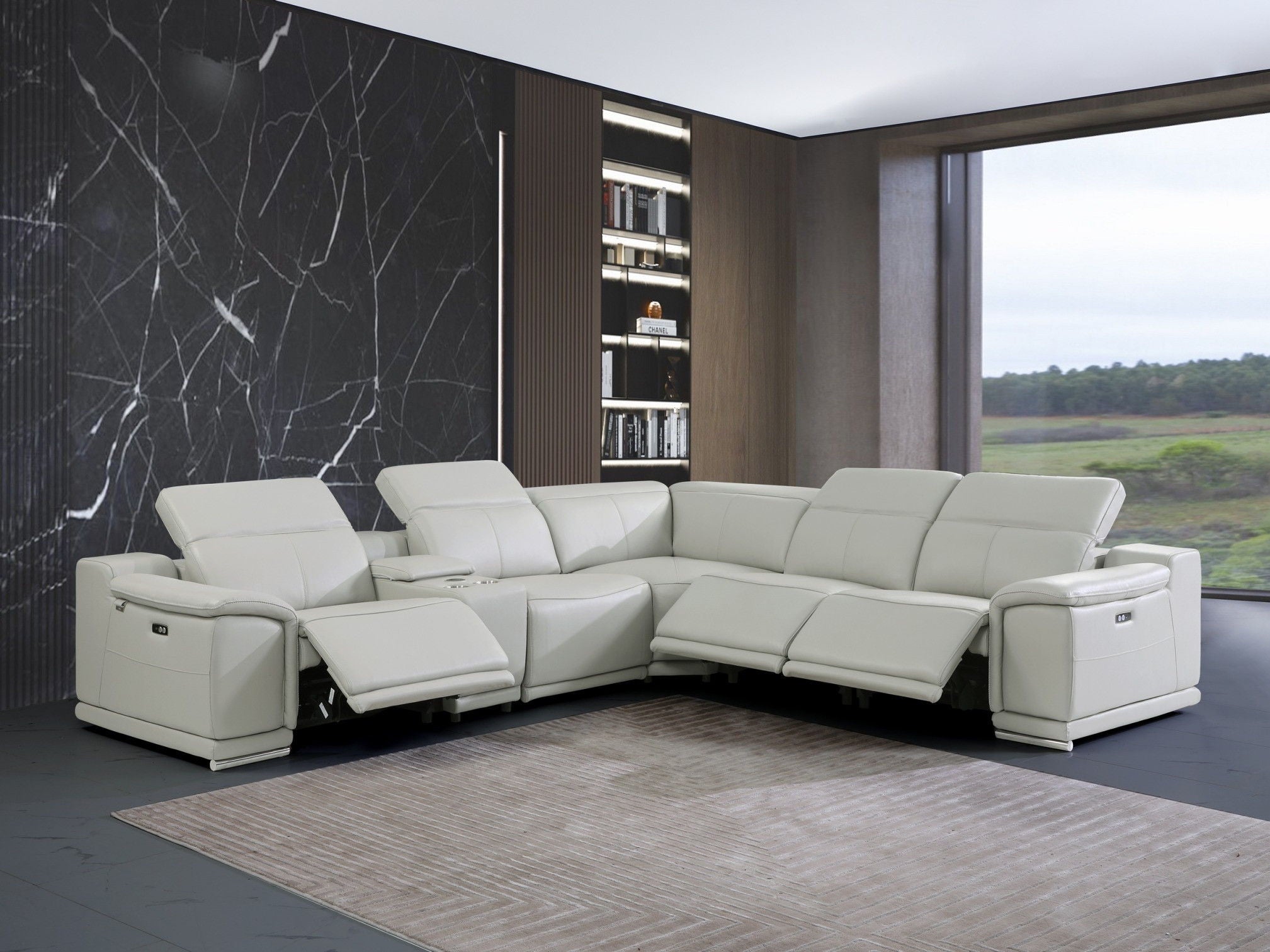 Italian Leather Power Reclining U Shaped Six Piece Corner Sectional With Console - Light Gray