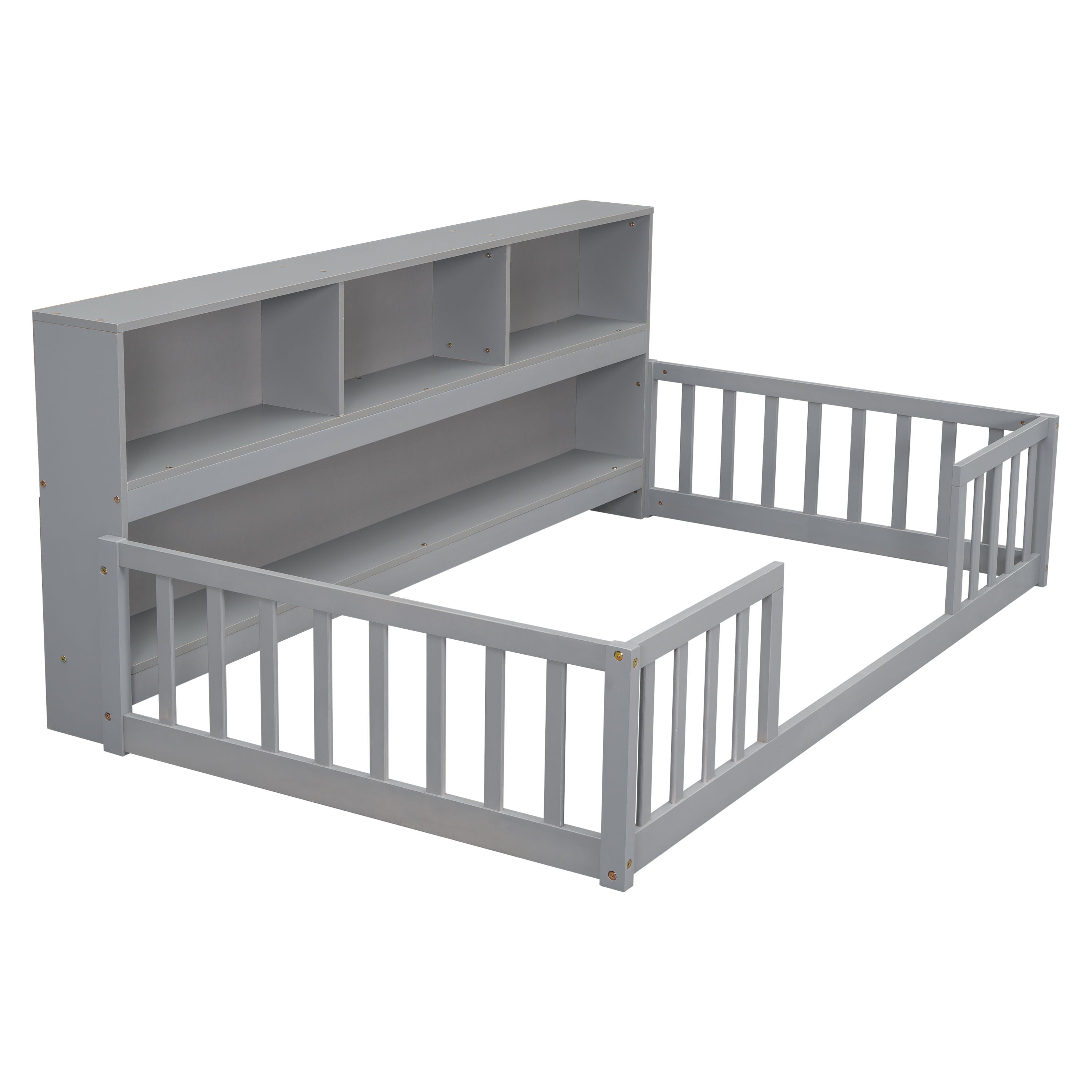 Floor Bed With Bedside Bookcase, Shelves, Guardrails