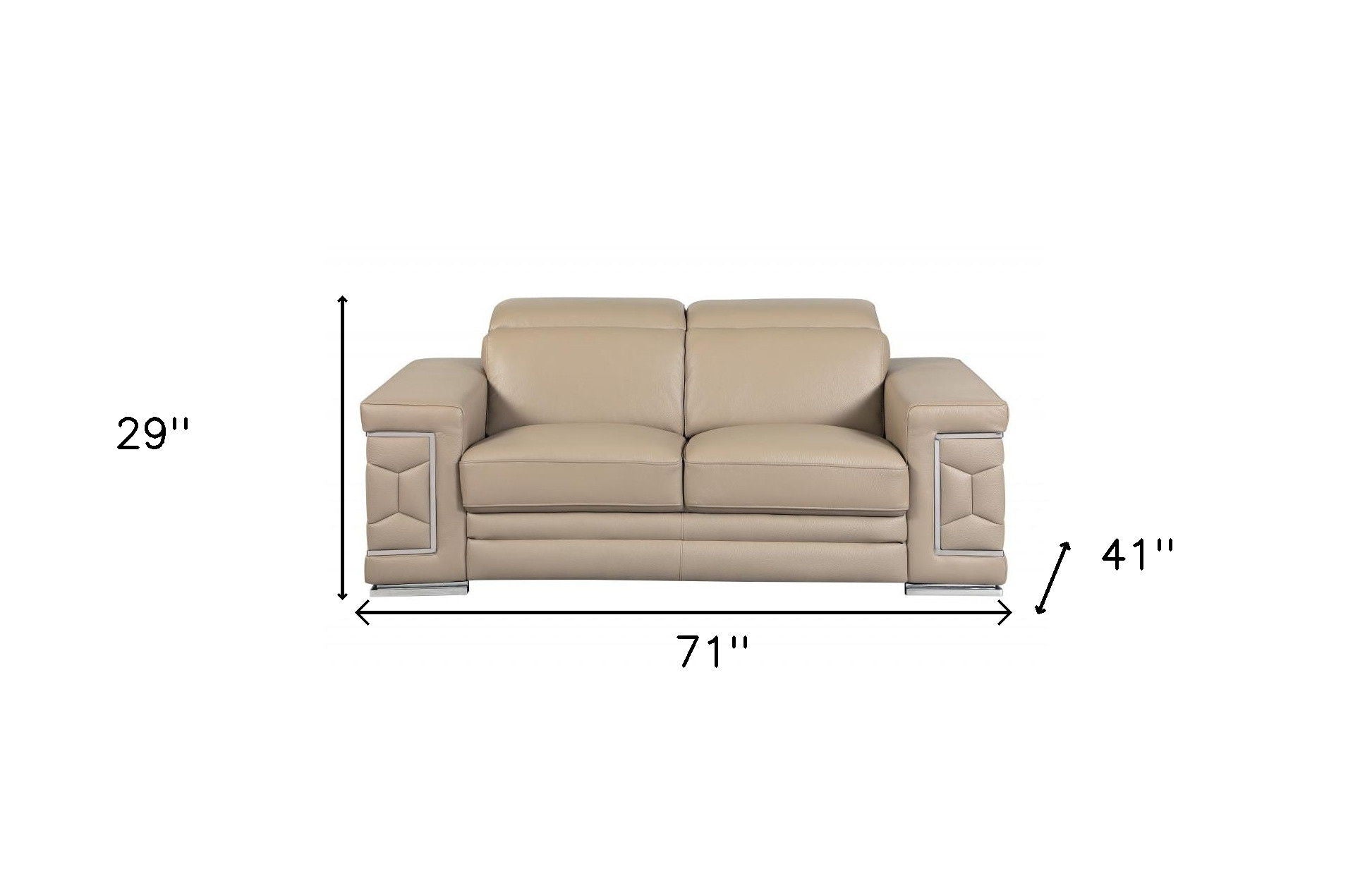 Genuine Leather Love Seat - Beige / Silver