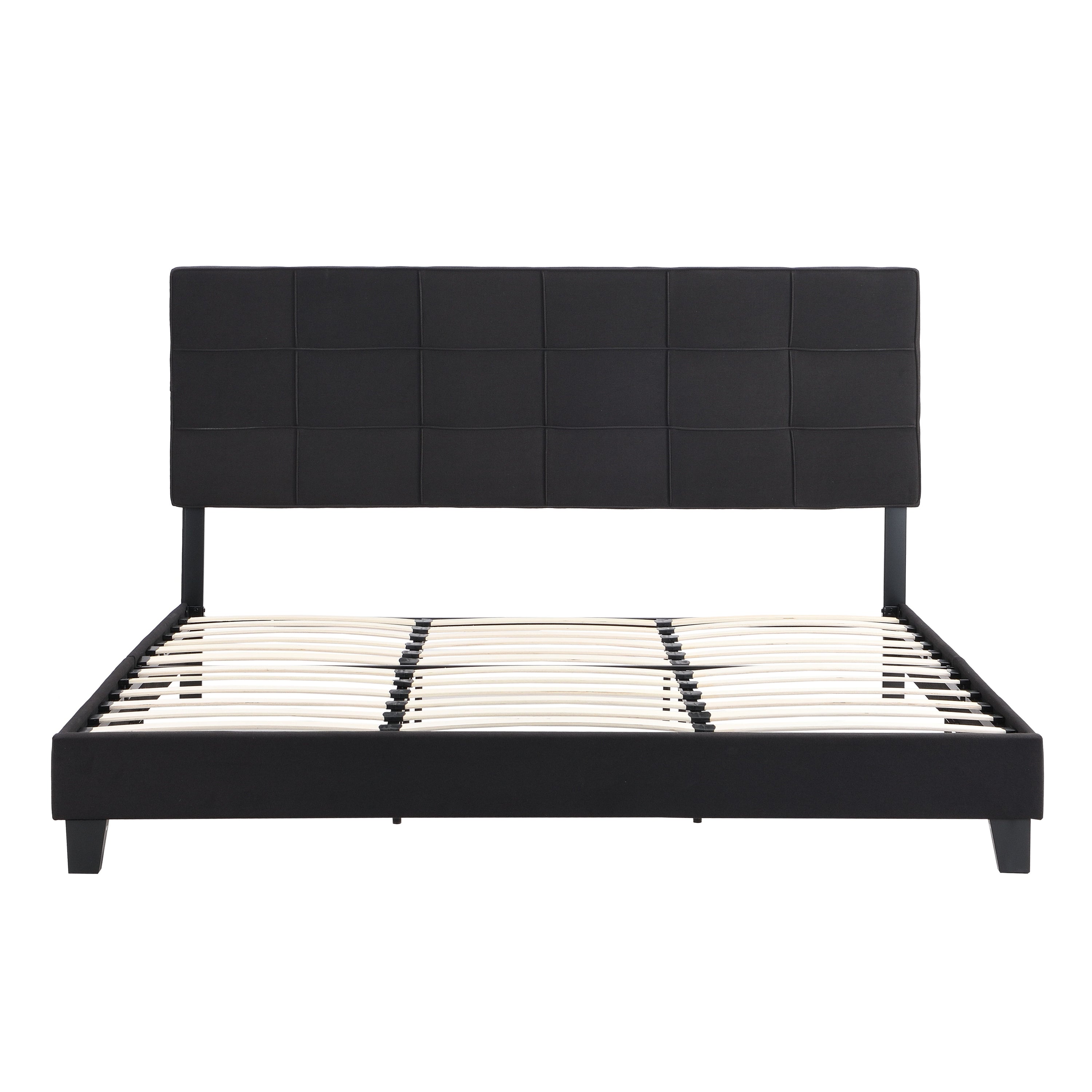 King Size Upholstered Platform Bed Frame With Button Tufted Linen Fabric Headboard, No Box Spring Needed, Wood Slat Support