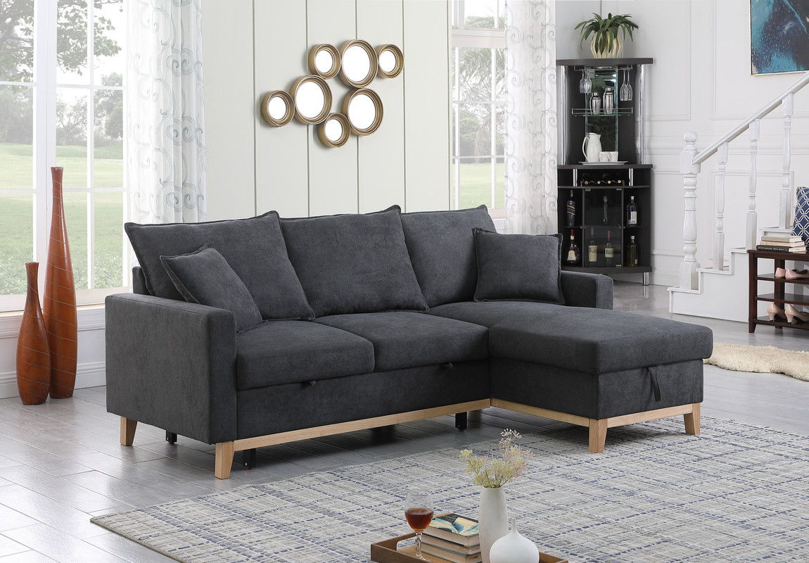 Colton - Woven Reversible Sleeper Sectional Sofa With Storage Chaise - Dark Gray